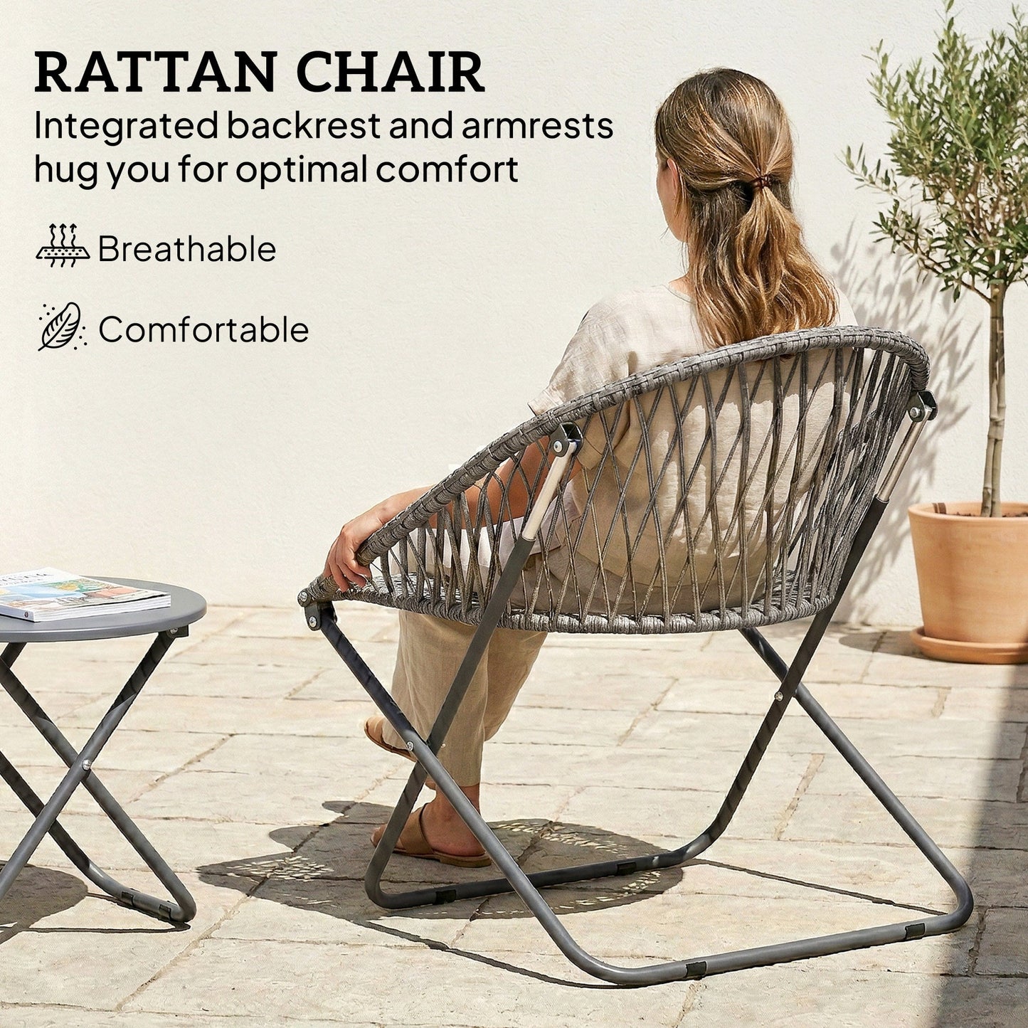 3 Pieces Patio Bistro Set, Folding Garden Furniture Set for 2 with Metal Top Coffee Table and Rattan Chairs for Outdoor, Balcony, Grey