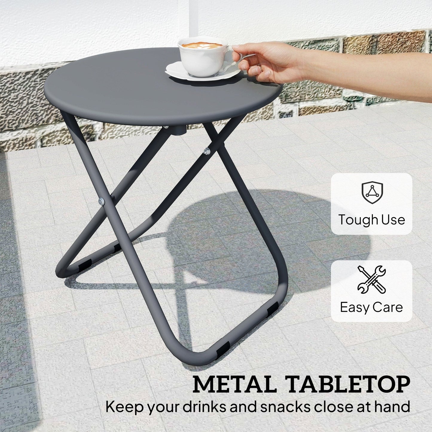 3 Pieces Patio Bistro Set, Folding Garden Furniture Set for 2 with Metal Top Coffee Table and Rattan Chairs for Outdoor, Balcony, Grey