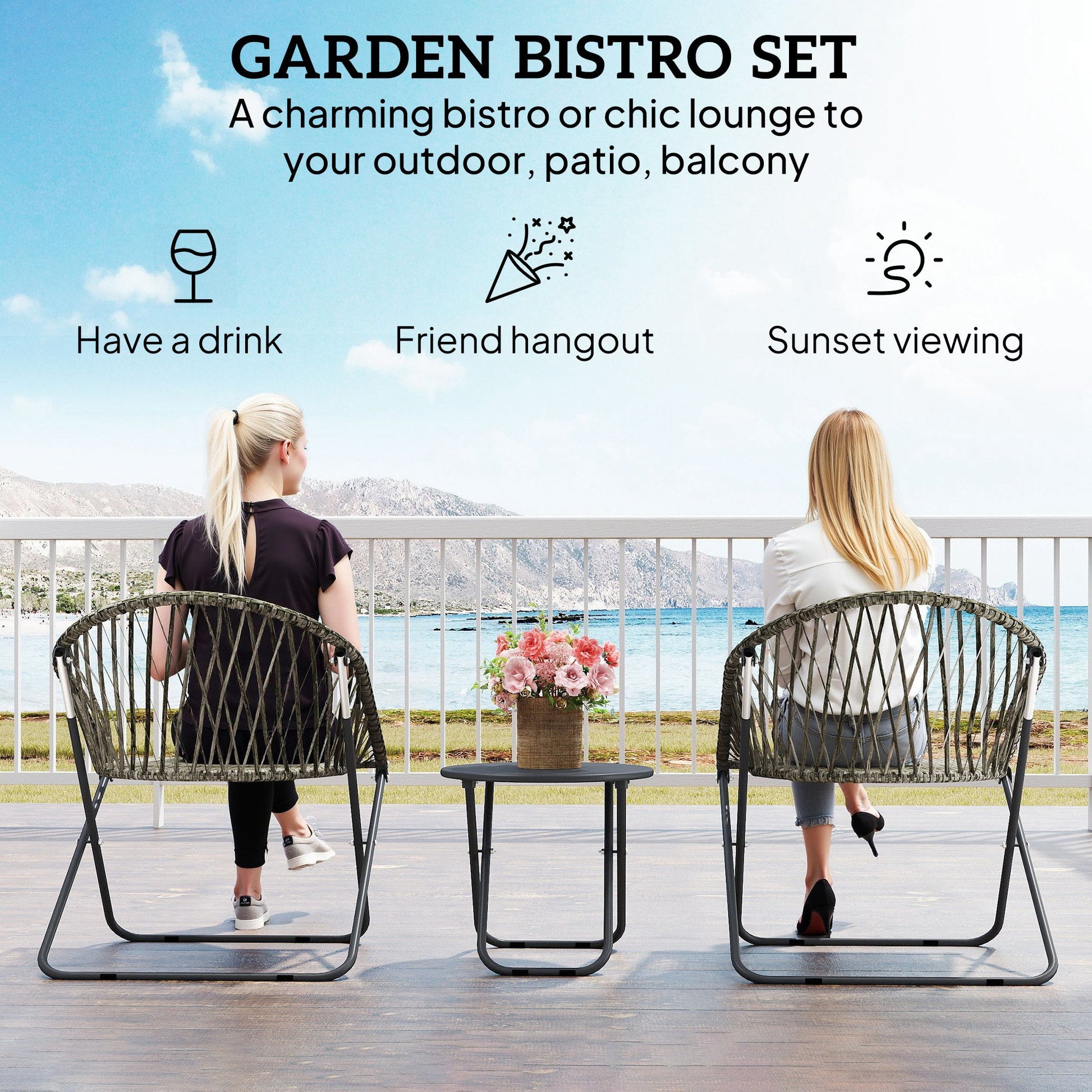 3 Pieces Patio Bistro Set, Folding Garden Furniture Set for 2 with Metal Top Coffee Table and Rattan Chairs for Outdoor, Balcony, Grey