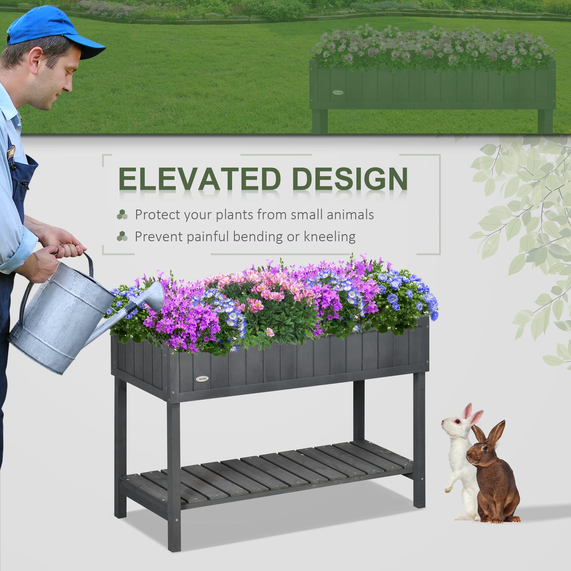 Wooden Herb Planter with 8 Pocket, Raised Bed Container Garden Planter Boxes, 110L x 46W x 76Hcm, Dark Grey