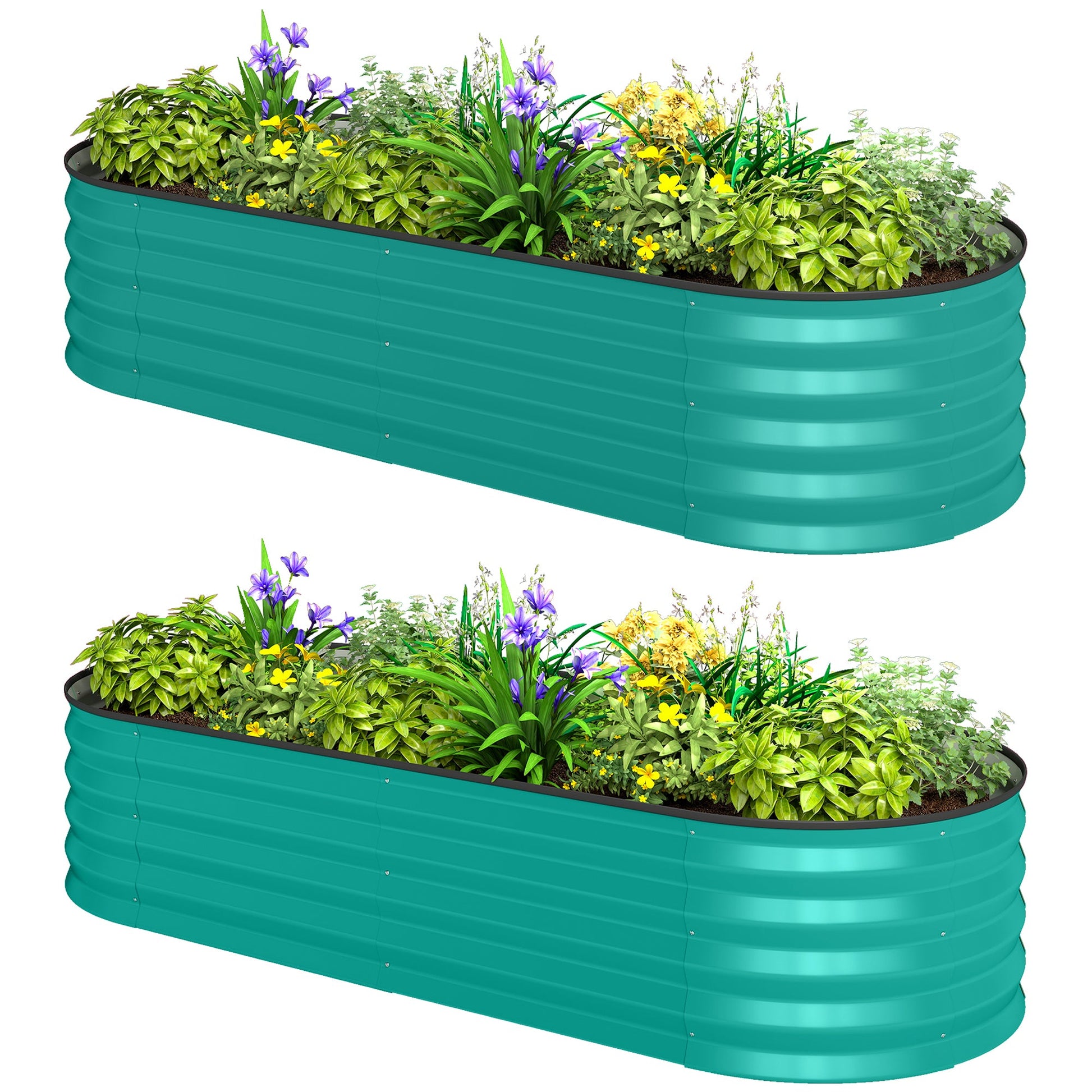 Set of 2 Raised Beds for Garden, Outdoor Galvanised Planter Box with Plant Support Stakes, Rubber Strap Edging and Bottomless for Flower, Vegetable, 150 x 60 x 30 cm, Green