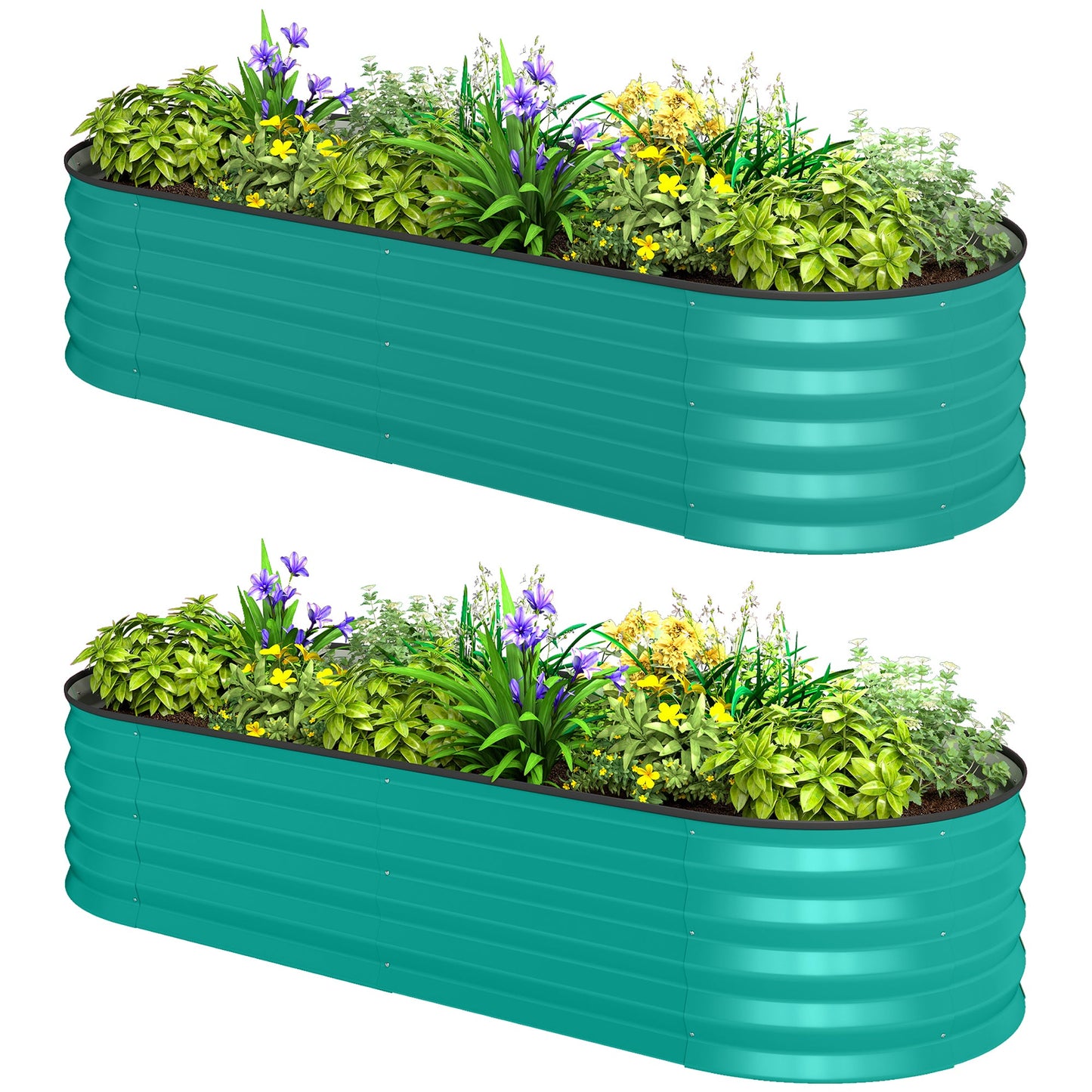 Set of 2 Raised Beds for Garden, Outdoor Galvanised Planter Box with Plant Support Stakes, Rubber Strap Edging and Bottomless for Flower, Vegetable, 150 x 60 x 30 cm, Green