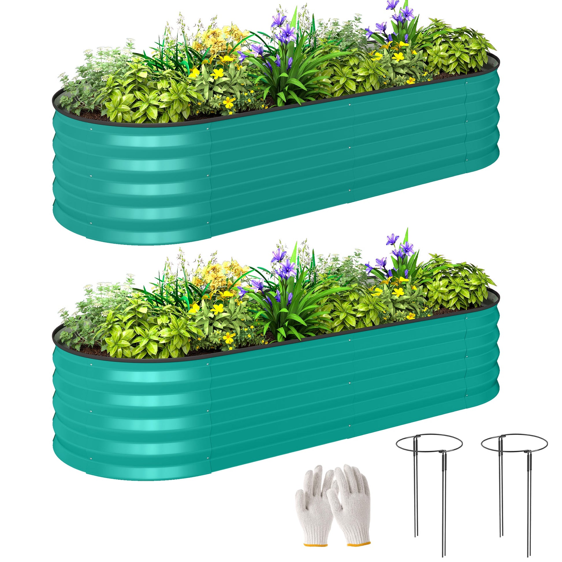 Set of 2 Raised Beds for Garden, Outdoor Galvanised Planter Box with Plant Support Stakes, Rubber Strap Edging and Bottomless for Flower, Vegetable, 150 x 60 x 30 cm, Green