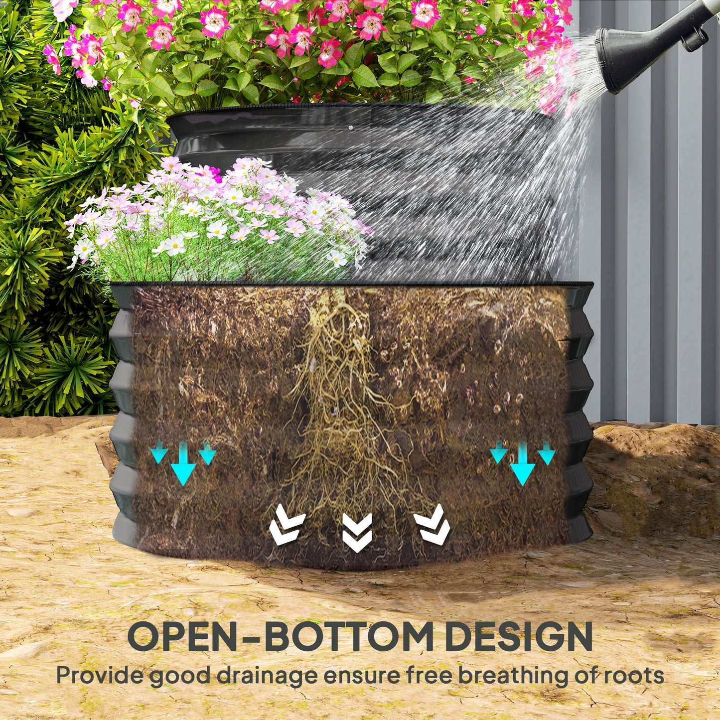 2-Tier Raised Garden Bed, Outdoor Galvanised Planter Box with Safety Edging and Gloves, Metal Raised Bed with Open Bottom for Vegetables, Flowers, Fruits and Herbs, Dark Grey