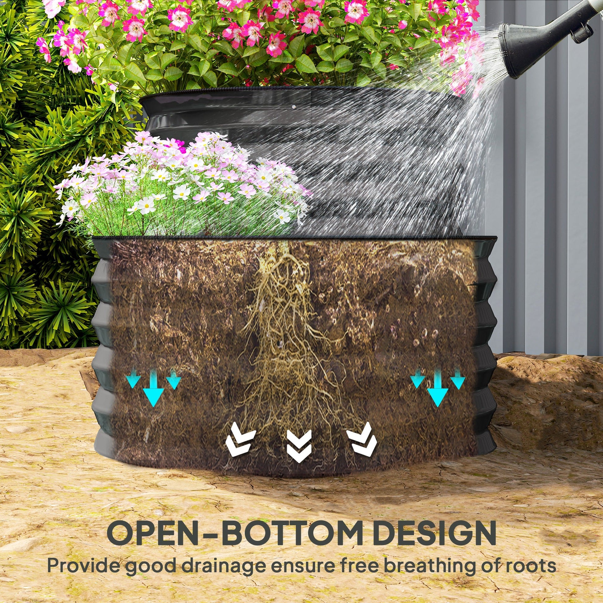 2-Tier Raised Garden Bed, Outdoor Galvanised Planter Box with Safety Edging and Gloves, Metal Raised Bed with Open Bottom for Vegetables, Flowers, Fruits and Herbs, Dark Grey