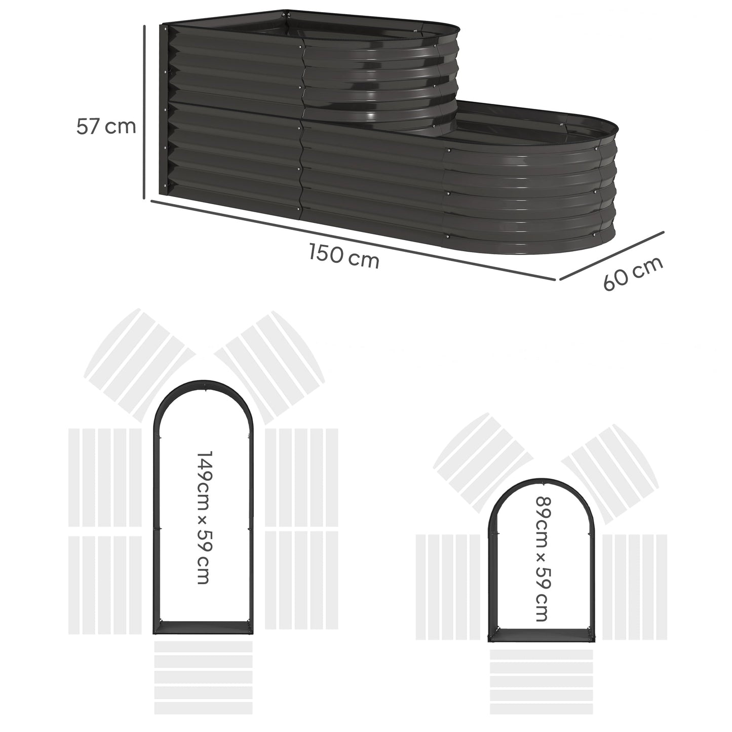 2-Tier Raised Garden Bed, Outdoor Galvanised Planter Box with Safety Edging and Gloves, Metal Raised Bed with Open Bottom for Vegetables, Flowers, Fruits and Herbs, Dark Grey