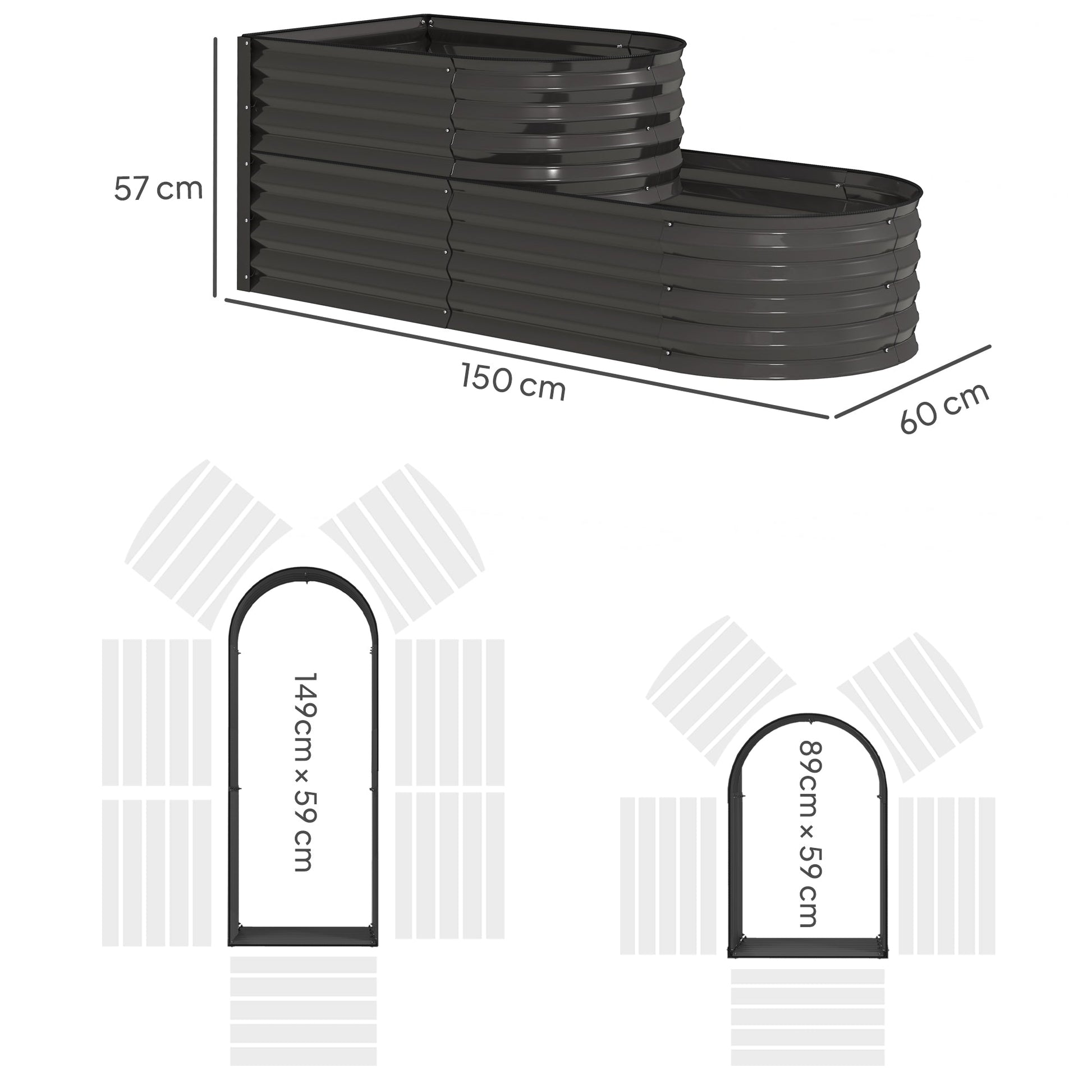 2-Tier Raised Garden Bed, Outdoor Galvanised Planter Box with Safety Edging and Gloves, Metal Raised Bed with Open Bottom for Vegetables, Flowers, Fruits and Herbs, Dark Grey
