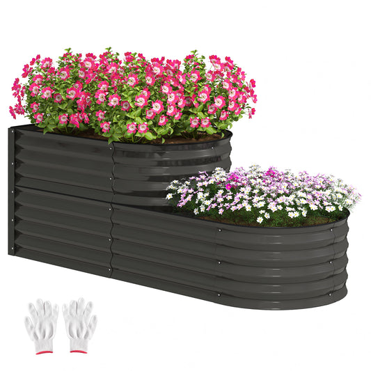2-Tier Raised Garden Bed, Outdoor Galvanised Planter Box with Safety Edging and Gloves, Metal Raised Bed with Open Bottom for Vegetables, Flowers, Fruits and Herbs, Dark Grey