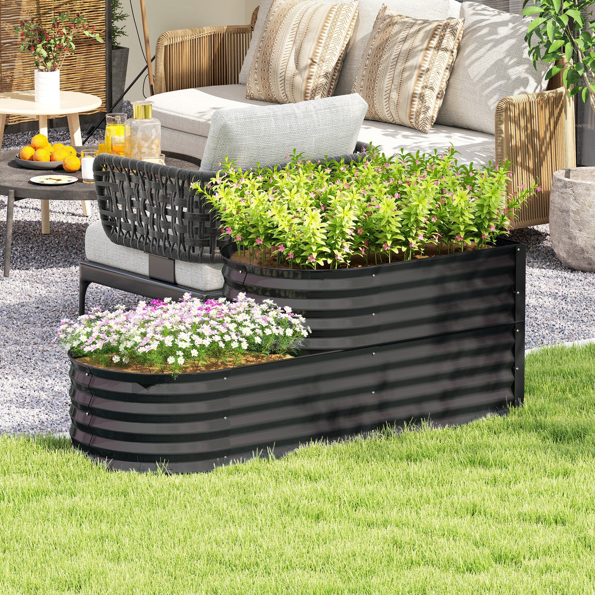2-Tier Raised Garden Bed, Outdoor Galvanised Planter Box with Safety Edging and Gloves, Metal Raised Bed with Open Bottom for Vegetables, Flowers, Fruits and Herbs, Dark Grey