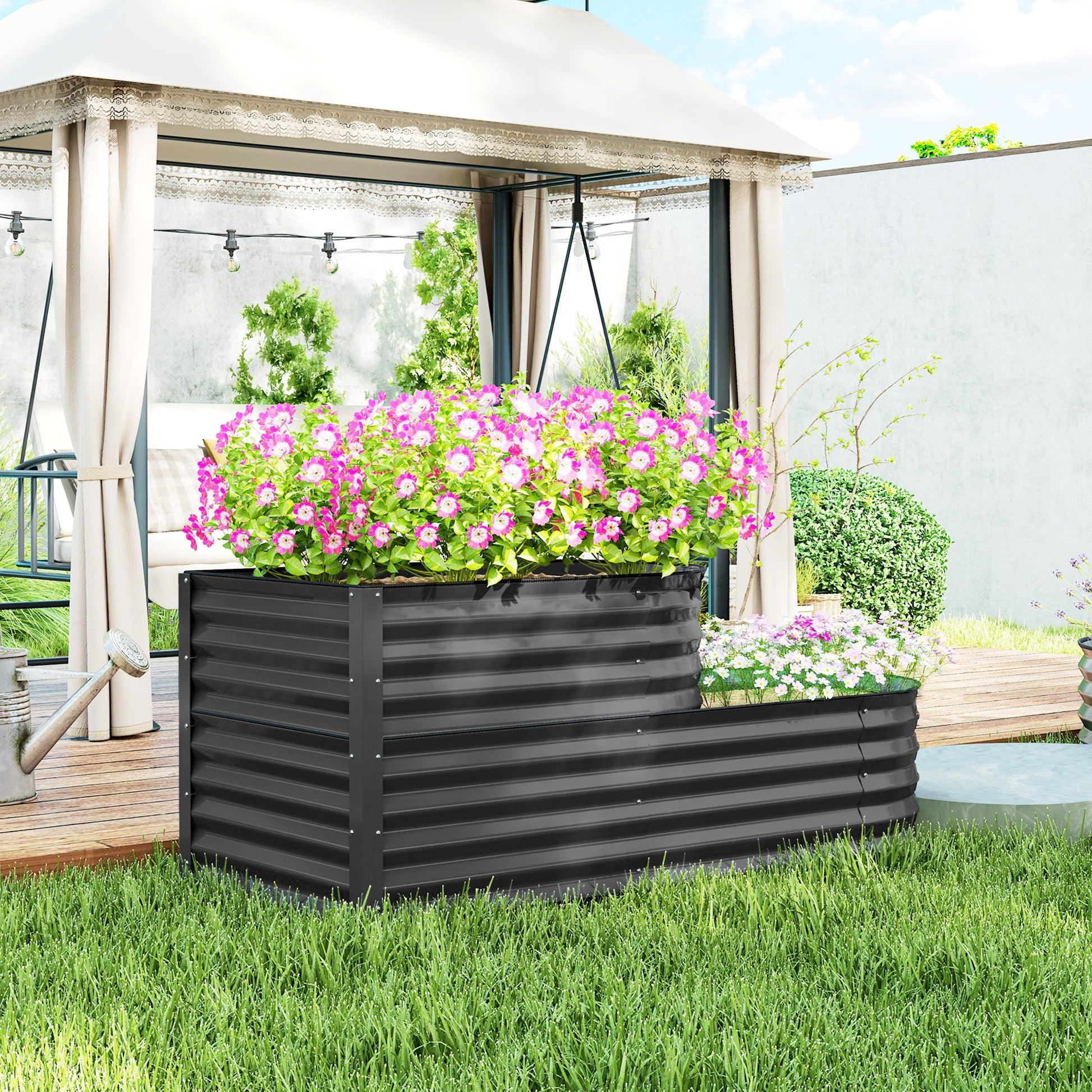2-Tier Raised Garden Bed, Outdoor Galvanised Planter Box with Safety Edging and Gloves, Metal Raised Bed with Open Bottom for Vegetables, Flowers, Fruits and Herbs, Dark Grey