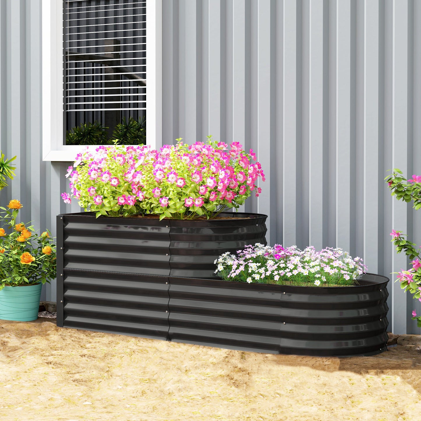 2-Tier Raised Garden Bed, Outdoor Galvanised Planter Box with Safety Edging and Gloves, Metal Raised Bed with Open Bottom for Vegetables, Flowers, Fruits and Herbs, Dark Grey