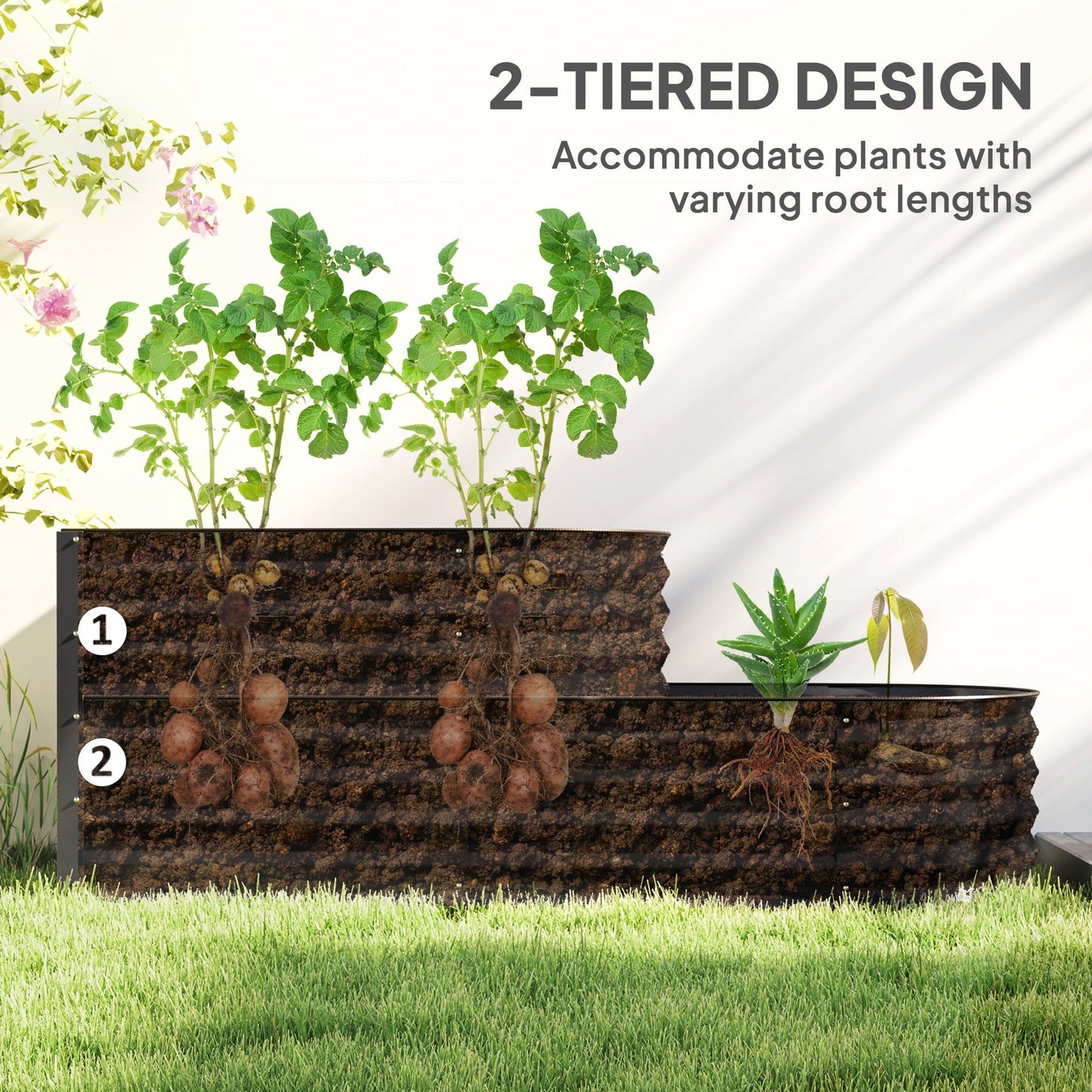 2-Tier Raised Garden Bed, Outdoor Galvanised Planter Box with Safety Edging and Gloves, Metal Raised Bed with Open Bottom for Vegetables, Flowers, Fruits and Herbs, Dark Grey