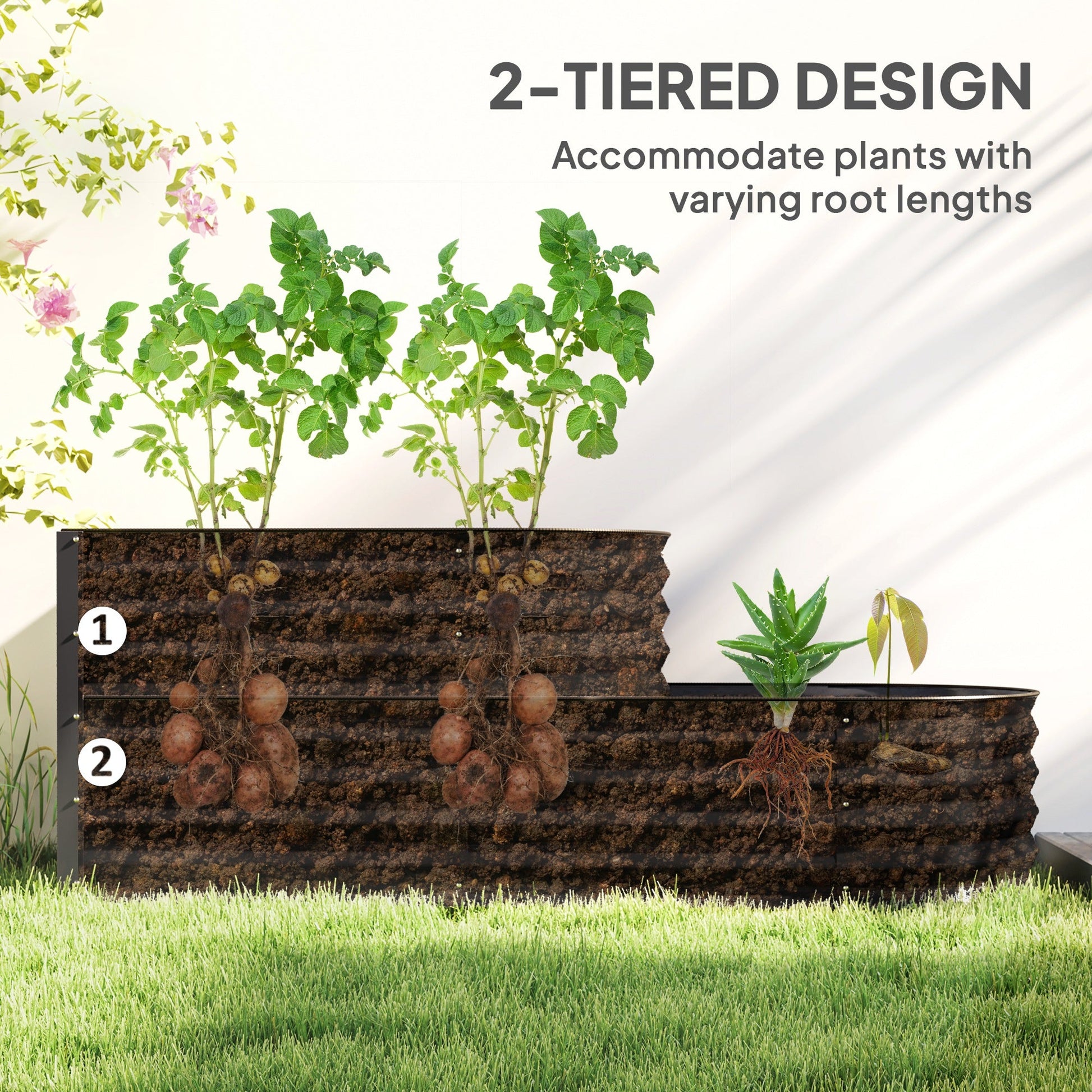 2-Tier Raised Garden Bed, Outdoor Galvanised Planter Box with Safety Edging and Gloves, Metal Raised Bed with Open Bottom for Vegetables, Flowers, Fruits and Herbs, Dark Grey