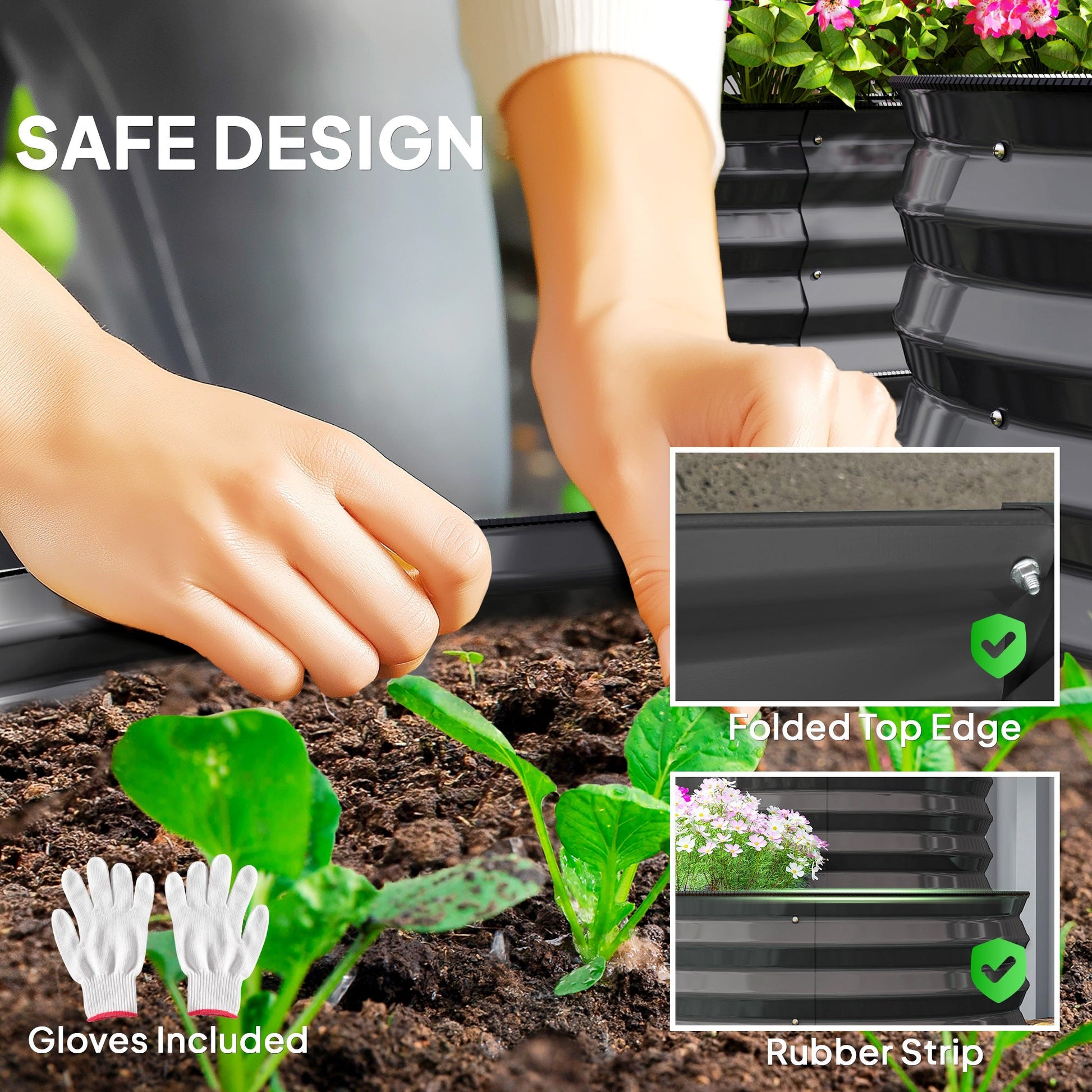 2-Tier Raised Garden Bed, Outdoor Galvanised Planter Box with Safety Edging and Gloves, Metal Raised Bed with Open Bottom for Vegetables, Flowers, Fruits and Herbs, Dark Grey