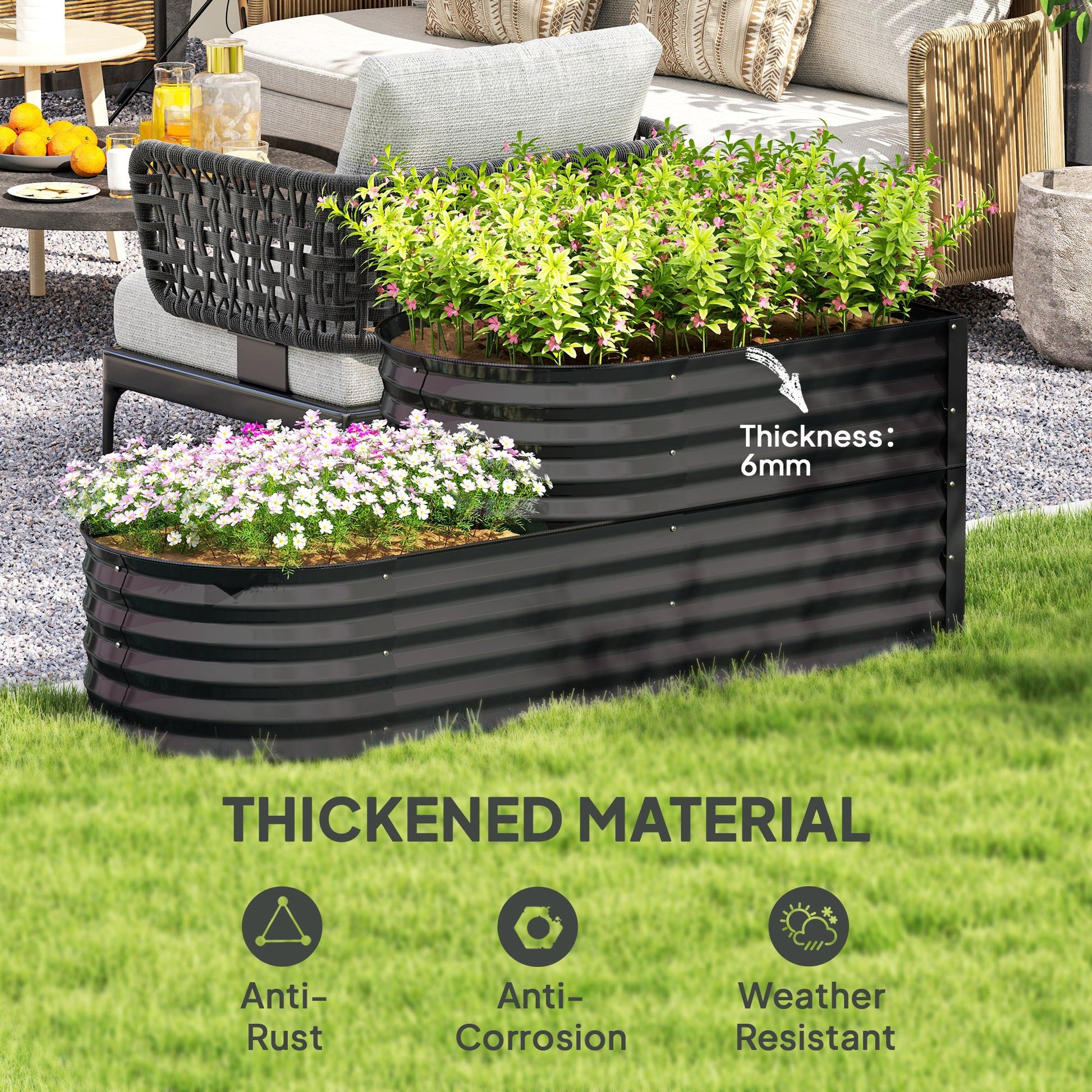 2-Tier Raised Garden Bed, Outdoor Galvanised Planter Box with Safety Edging and Gloves, Metal Raised Bed with Open Bottom for Vegetables, Flowers, Fruits and Herbs, Dark Grey