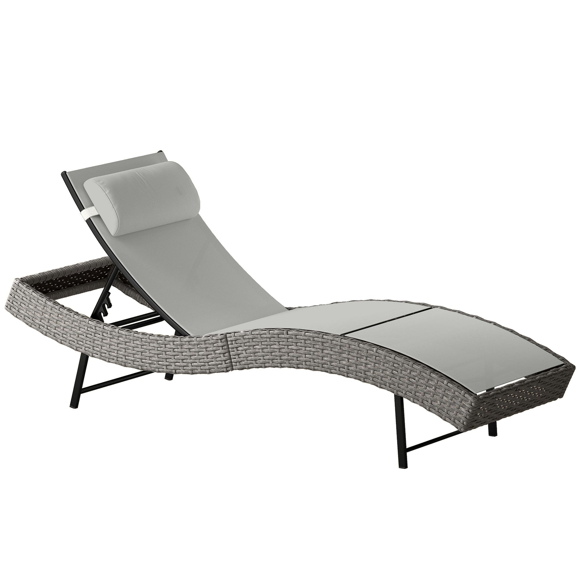 Rattan Sun Lounger, 5 Position Adjustable Garden Lounger Recliner with S Shaped Texteline Seat and Headrest, Reclining Outdoor Sunbed with Metal Frame for Patio, Terrace, Light Grey