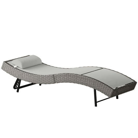 Rattan Sun Lounger, 5 Position Adjustable Garden Lounger Recliner with S Shaped Texteline Seat and Headrest, Reclining Outdoor Sunbed with Metal Frame for Patio, Terrace, Light Grey