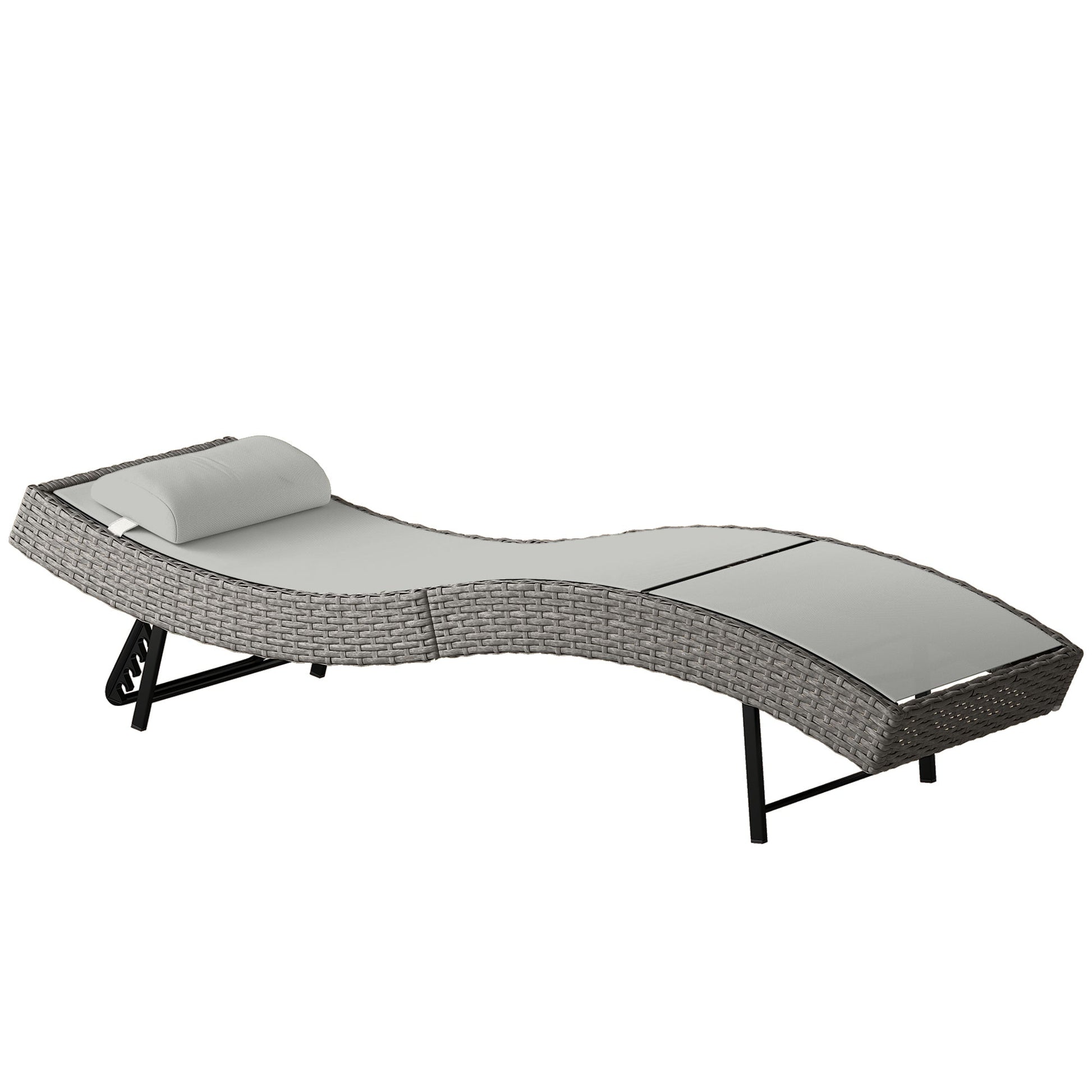 Rattan Sun Lounger, 5 Position Adjustable Garden Lounger Recliner with S Shaped Texteline Seat and Headrest, Reclining Outdoor Sunbed with Metal Frame for Patio, Terrace, Light Grey