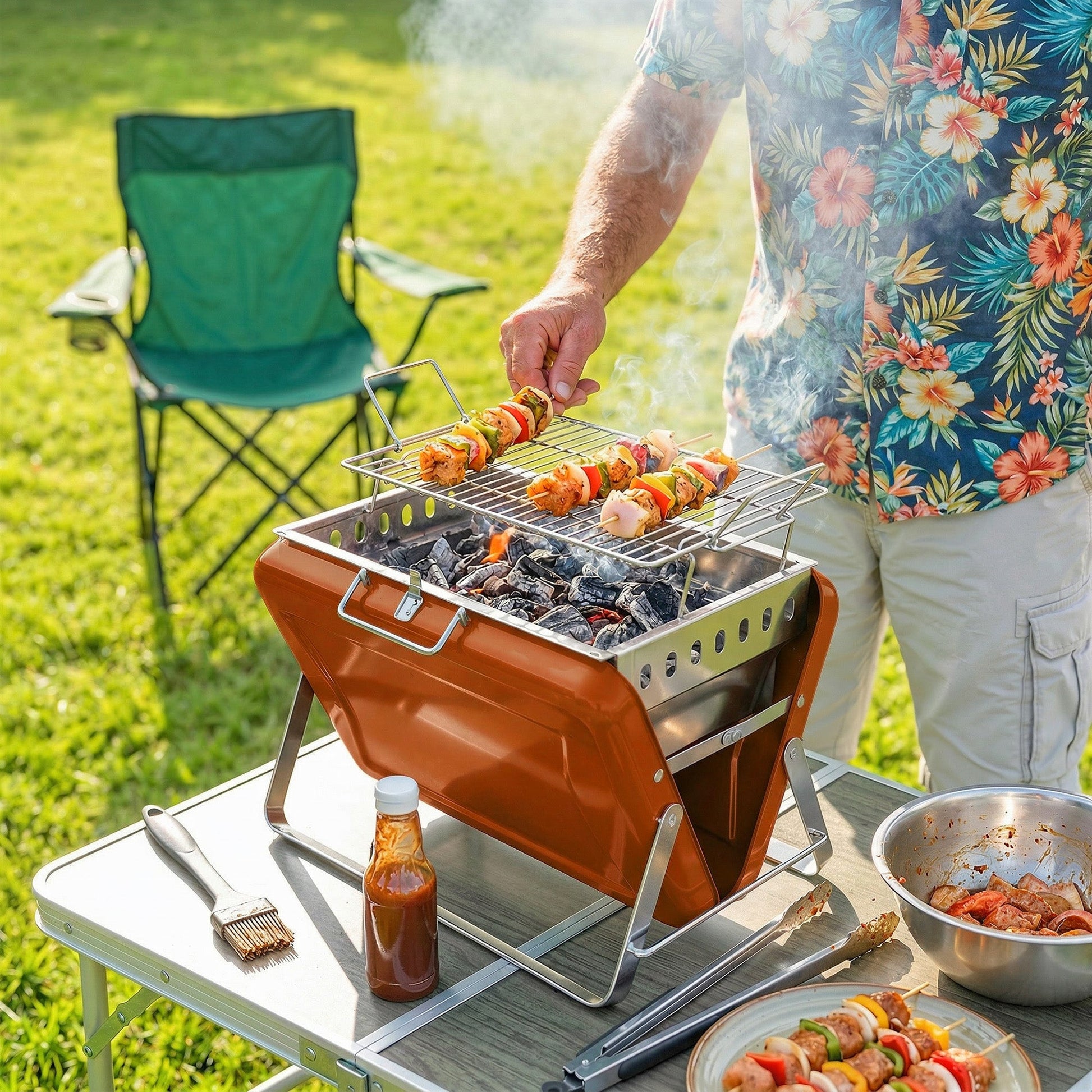 Portable BBQ Grill, Folding Charcoal Barbecue Grill with Handle and Foldable Legs for Camping Garden Outdoor Cooking, Orange