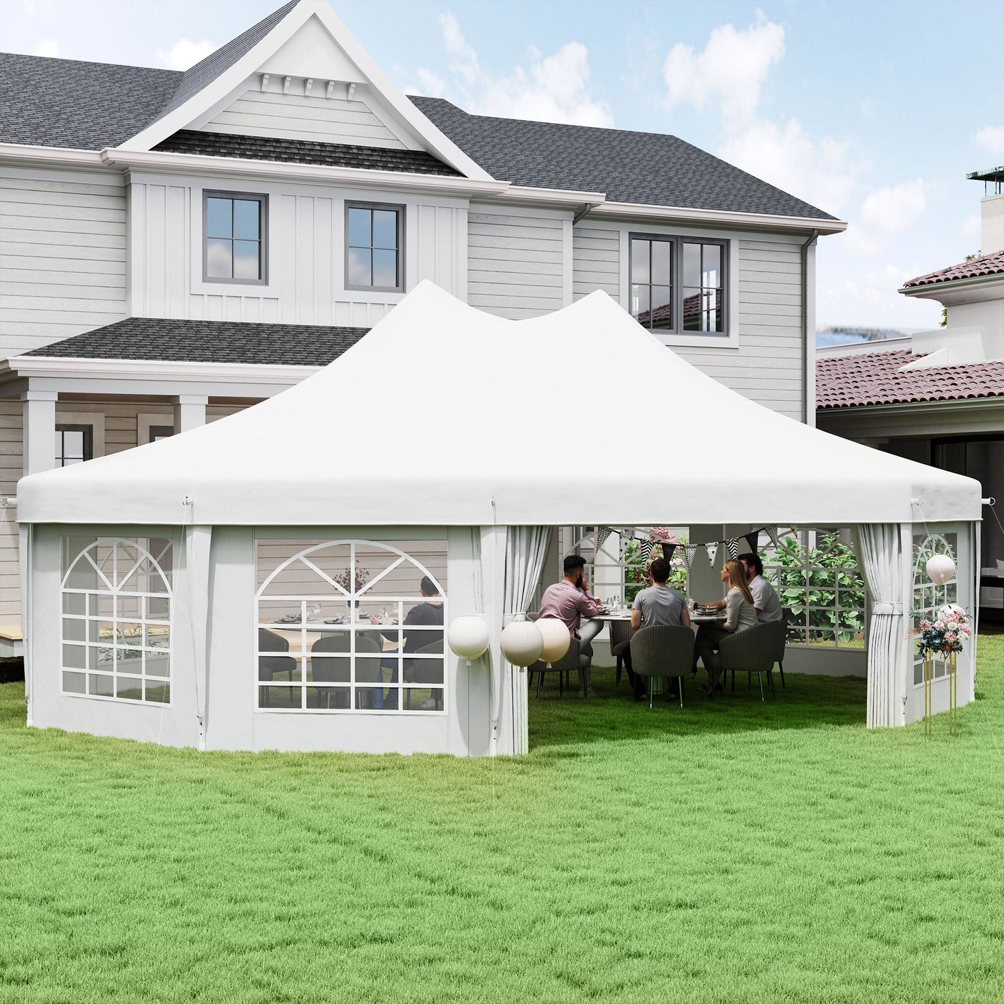 10 Sides Decagonal Garden Gazebo Marquee Party Tent Wedding Canopy Outdoor Heavy Duty Metal Frame (8.9m x 6.5m) - White