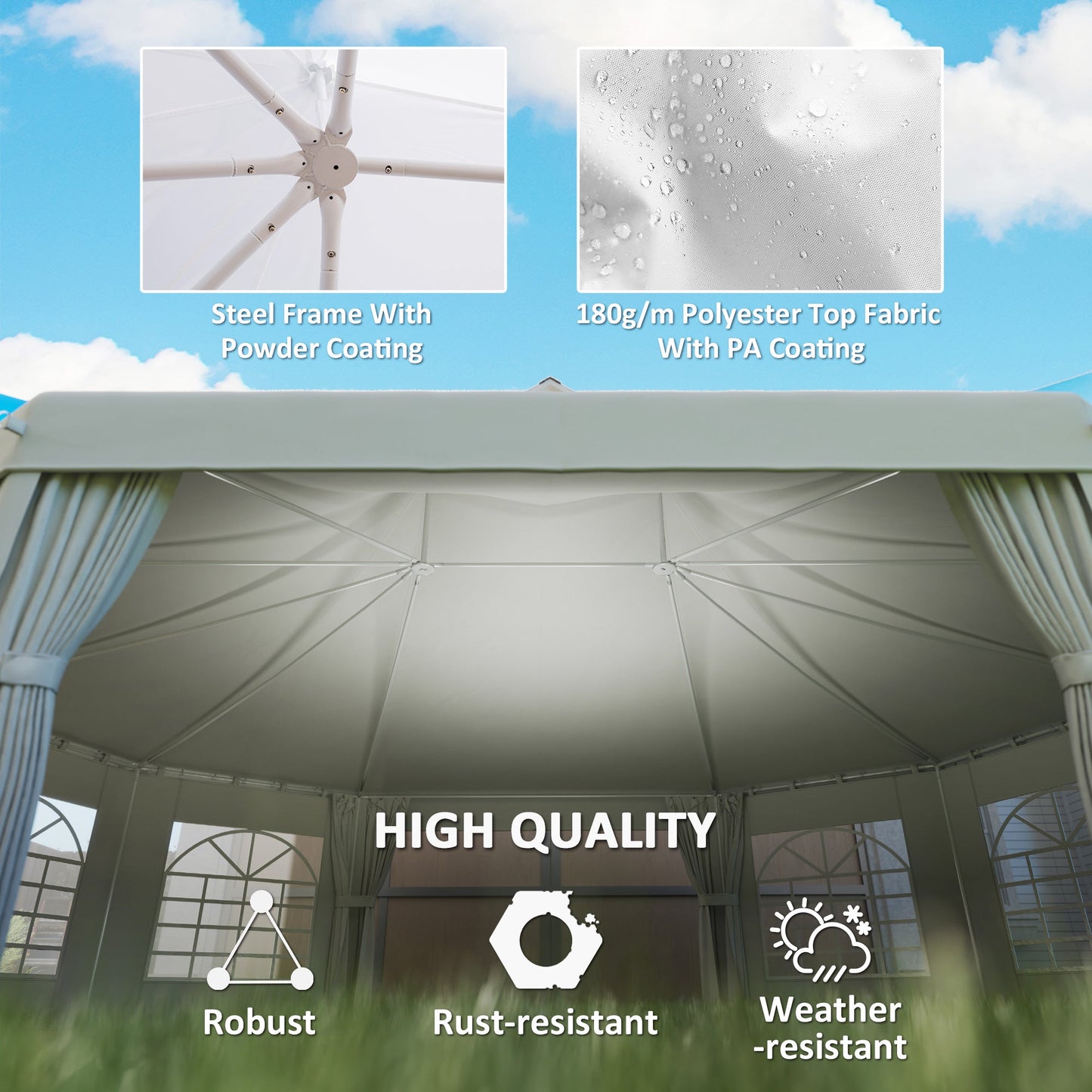 10 Sides Decagonal Garden Gazebo Marquee Party Tent Wedding Canopy Outdoor Heavy Duty Metal Frame (8.9m x 6.5m) - White