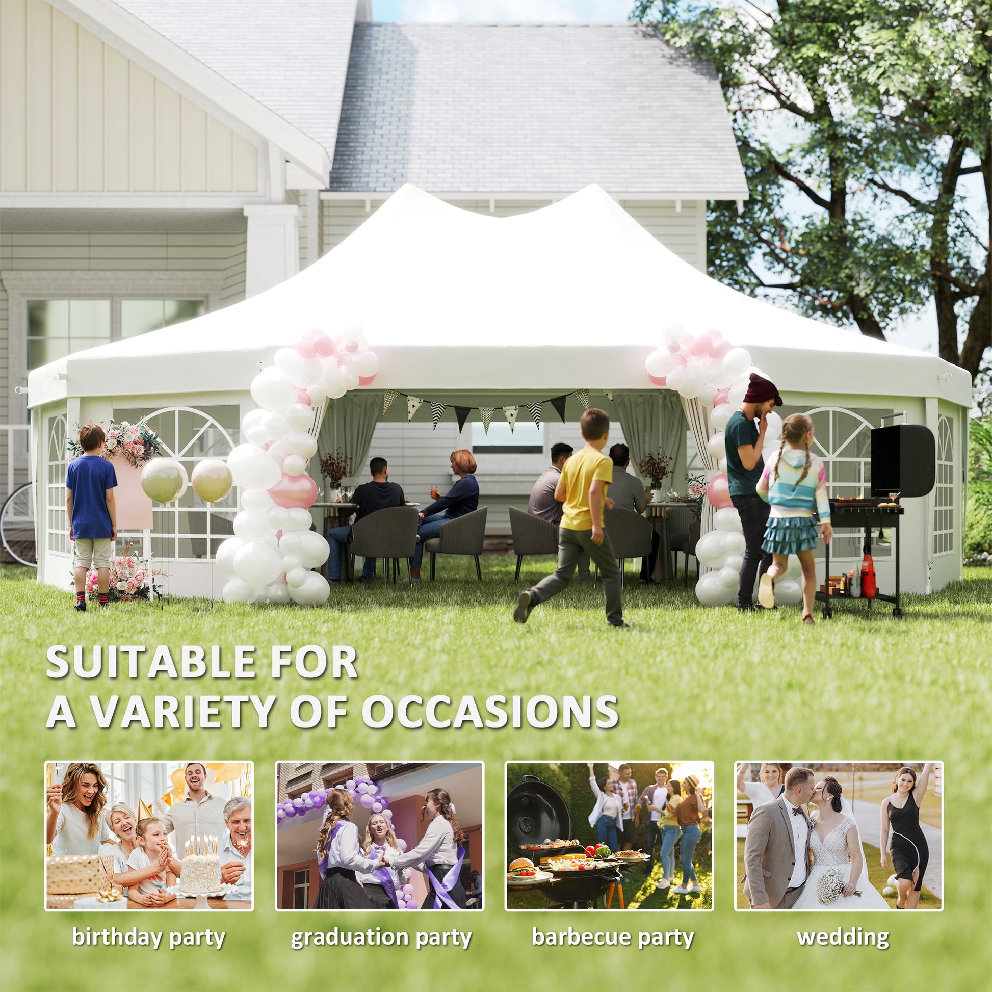 10 Sides Decagonal Garden Gazebo Marquee Party Tent Wedding Canopy Outdoor Heavy Duty Metal Frame (8.9m x 6.5m) - White