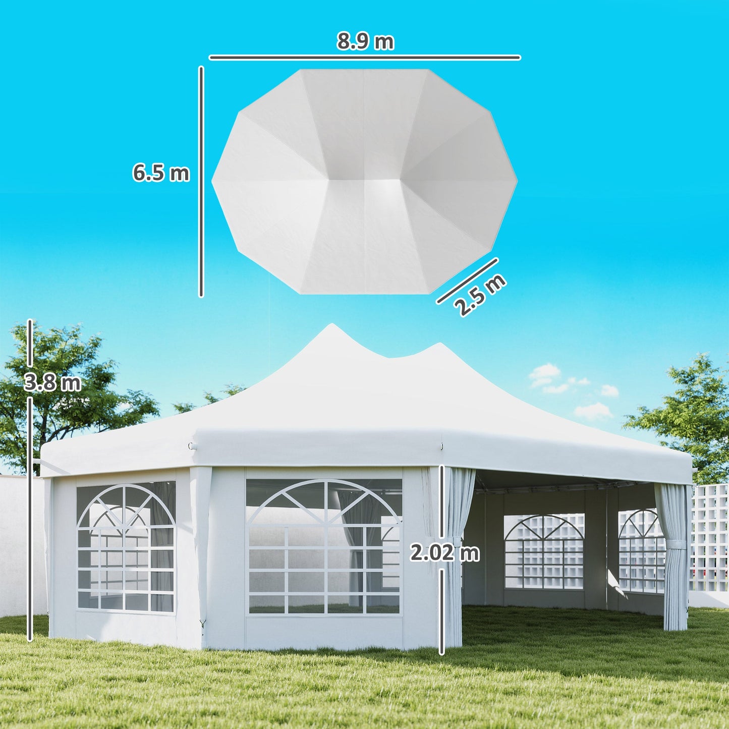 10 Sides Decagonal Garden Gazebo Marquee Party Tent Wedding Canopy Outdoor Heavy Duty Metal Frame (8.9m x 6.5m) - White