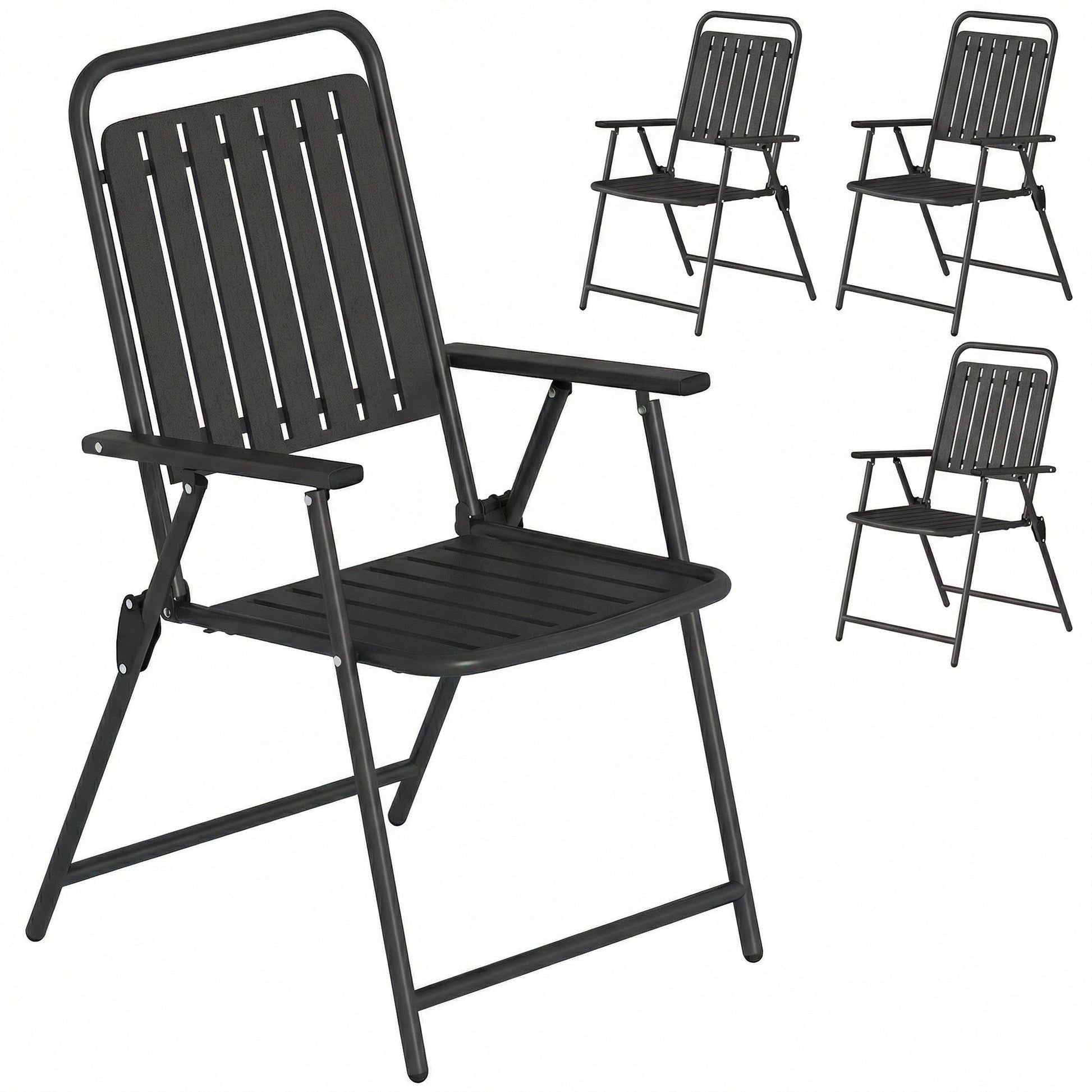 Folding Garden Chairs Set of 4, Garden Dining Chairs with Plastic Slatted Seat and Back, Portable Folding Chair Set with Armrests and Steel Frame for Outdoor, Patio, Balcony, Terrace, Black