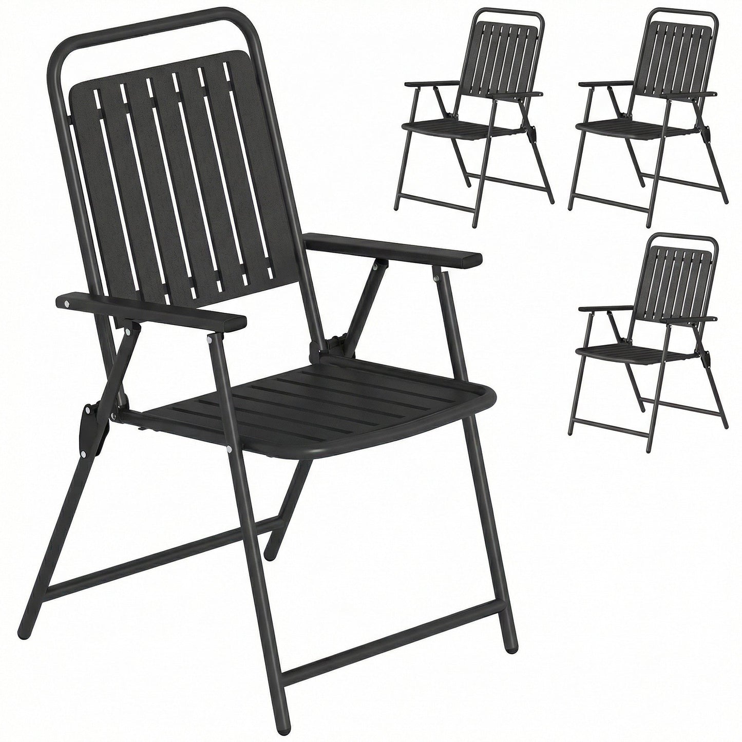 Folding Garden Chairs Set of 4, Garden Dining Chairs with Plastic Slatted Seat and Back, Portable Folding Chair Set with Armrests and Steel Frame for Outdoor, Patio, Balcony, Terrace, Black