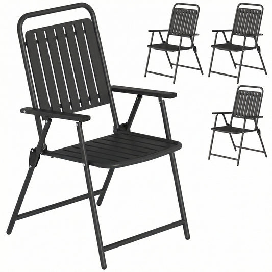 Folding Garden Chairs Set of 4, Garden Dining Chairs with Plastic Slatted Seat and Back, Portable Folding Chair Set with Armrests and Steel Frame for Outdoor, Patio, Balcony, Terrace, Black