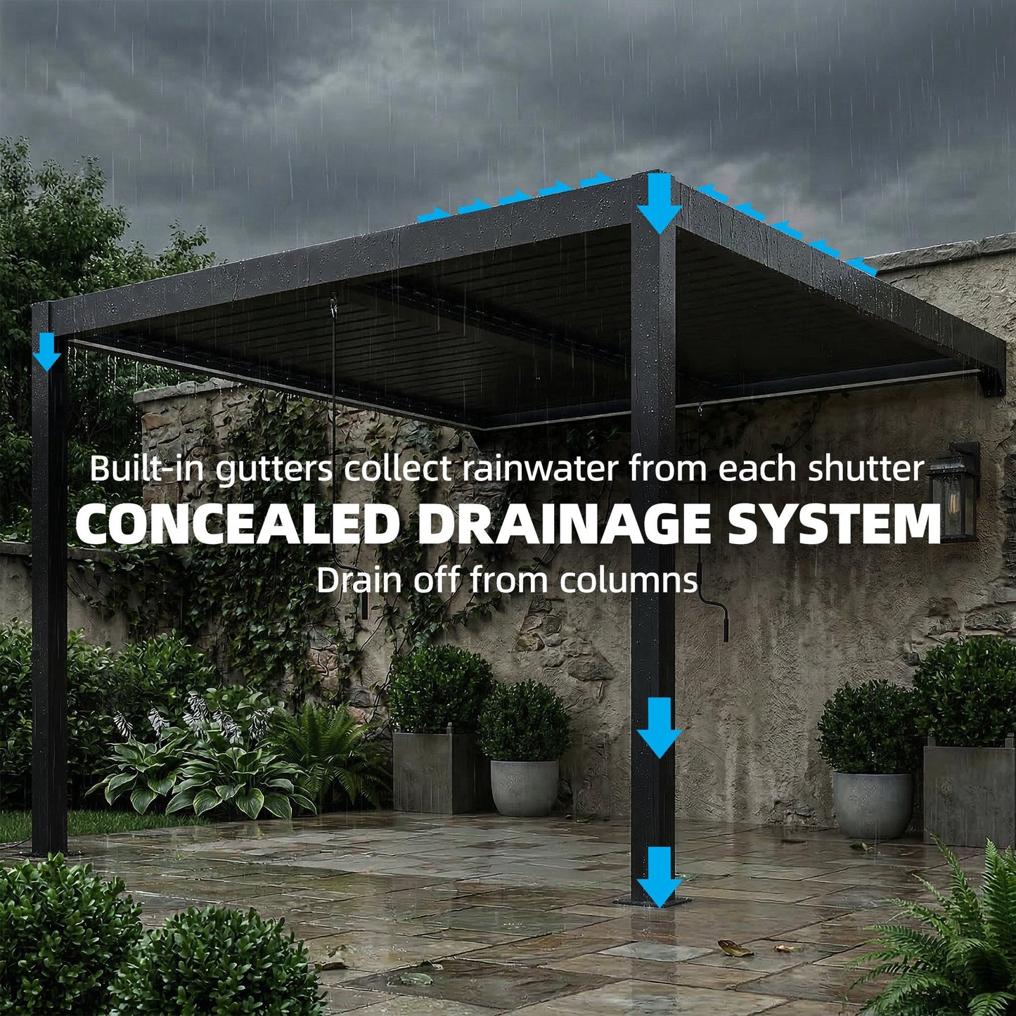 3 x 3 m Louvered Pergola with LED Lights, Adjustable Metal Louvred Roof, Wall Mounted Patio Gazebo Pergola Canopy with Aluminium Frame, Drainage Gutters for Garden Outdoor, Dark Grey