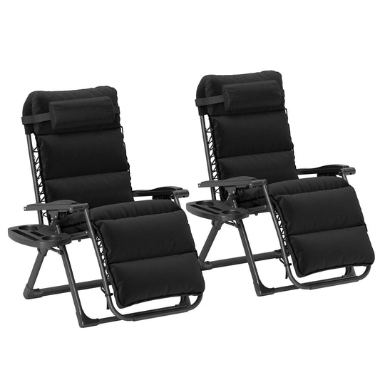 Zero Gravity Chairs Set of 2, Folding Reclining Garden Chair, Outdoor Sun Lounger with Cushion, Garden Recliner Chairs with Headrest and Cup Phone Holder Tray for Beach, Black