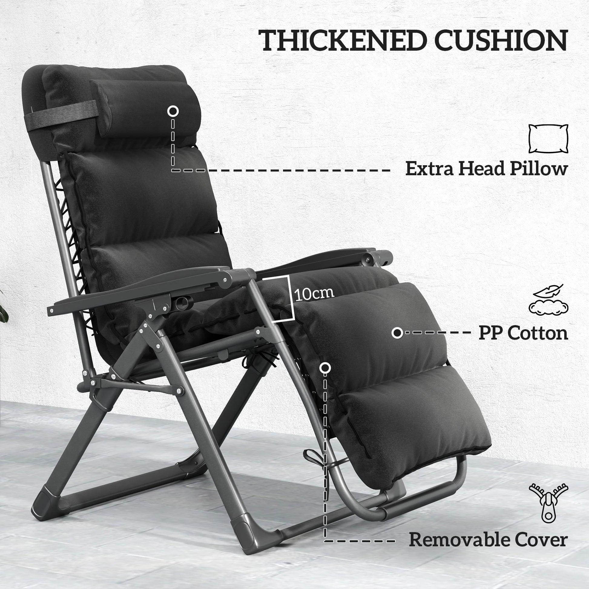 Zero Gravity Chairs Set of 2, Folding Reclining Garden Chair, Outdoor Sun Lounger with Cushion, Garden Recliner Chairs with Headrest and Cup Phone Holder Tray for Beach, Black
