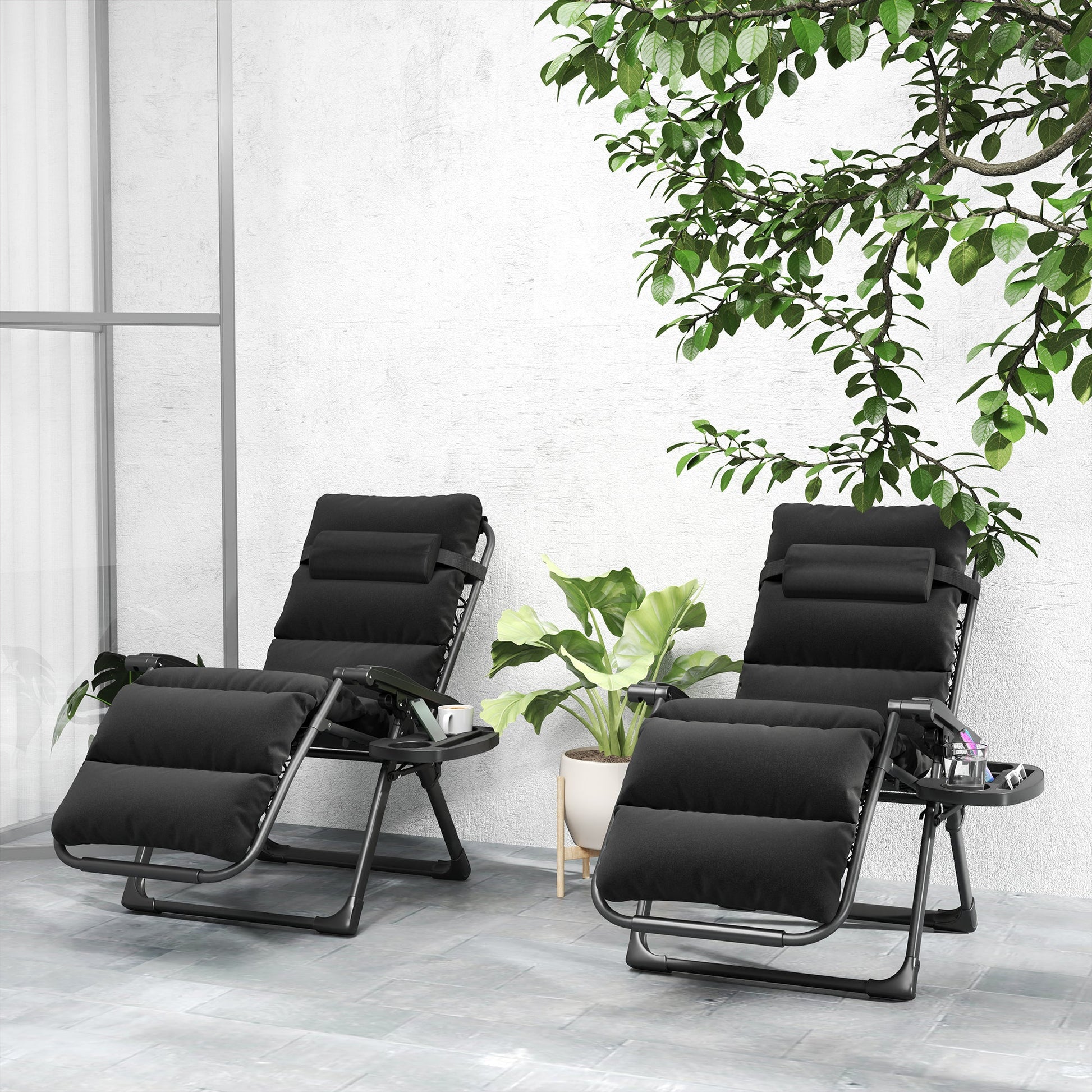 Zero Gravity Chairs Set of 2, Folding Reclining Garden Chair, Outdoor Sun Lounger with Cushion, Garden Recliner Chairs with Headrest and Cup Phone Holder Tray for Beach, Black