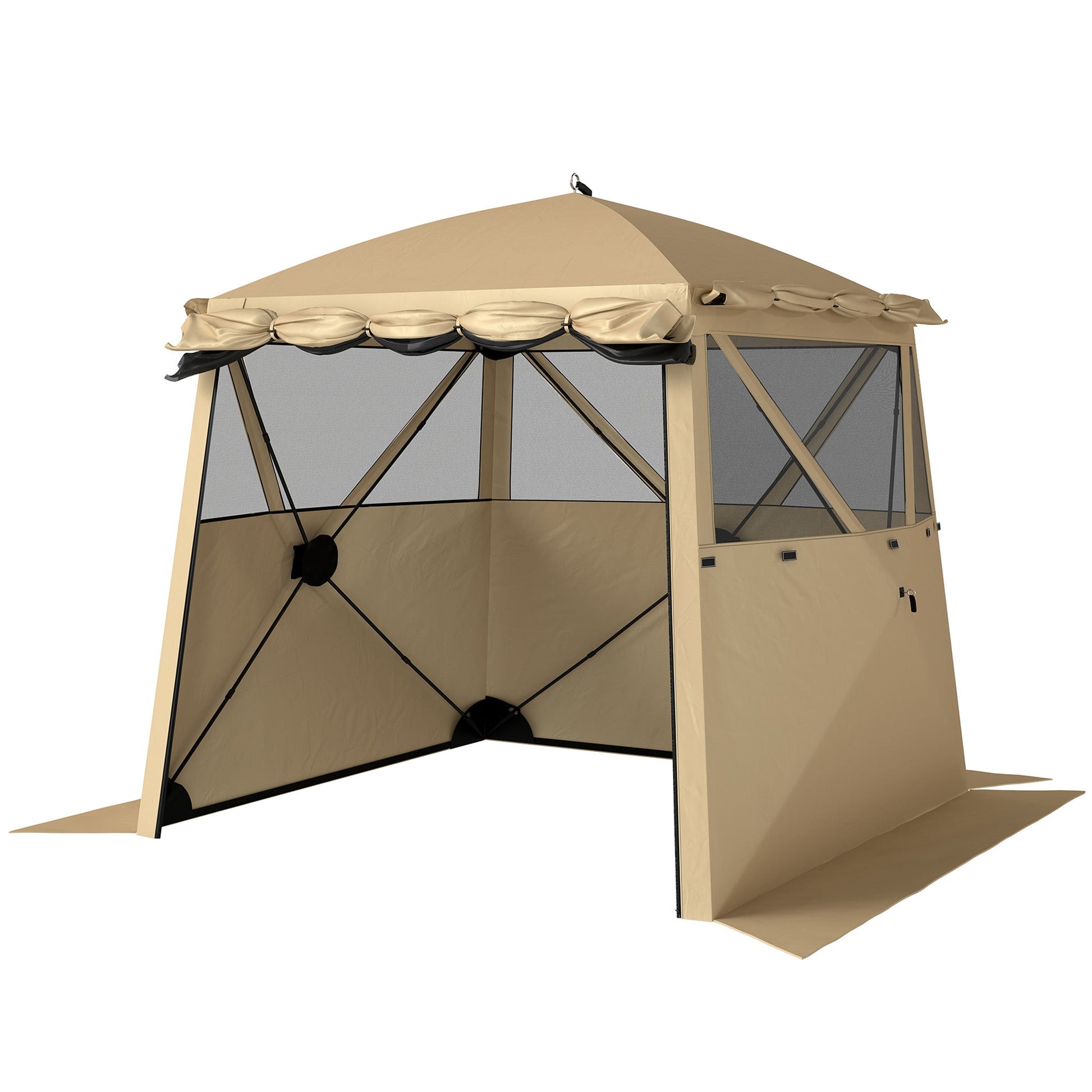 2 x 2 m Pop Up Gazebo with Awning, Waterproof Instant Shelter for Garden BBQ, Fishing, Camping, Easy Setup Garden Gazebo with Sides, Mesh Windows & Carry Bag, Khaki