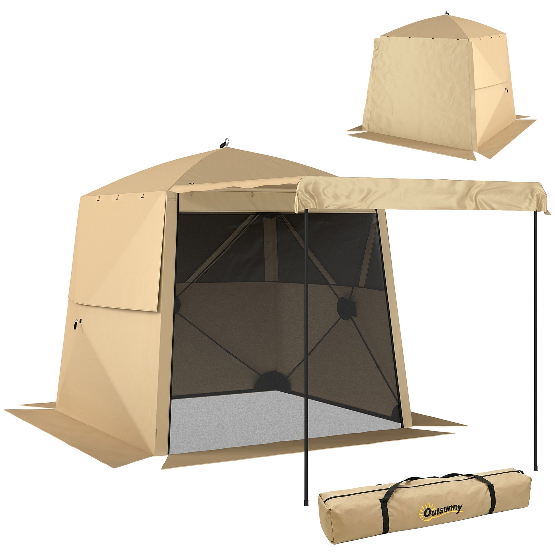 2 x 2 m Pop Up Gazebo with Awning, Waterproof Instant Shelter for Garden BBQ, Fishing, Camping, Easy Setup Garden Gazebo with Sides, Mesh Windows & Carry Bag, Khaki