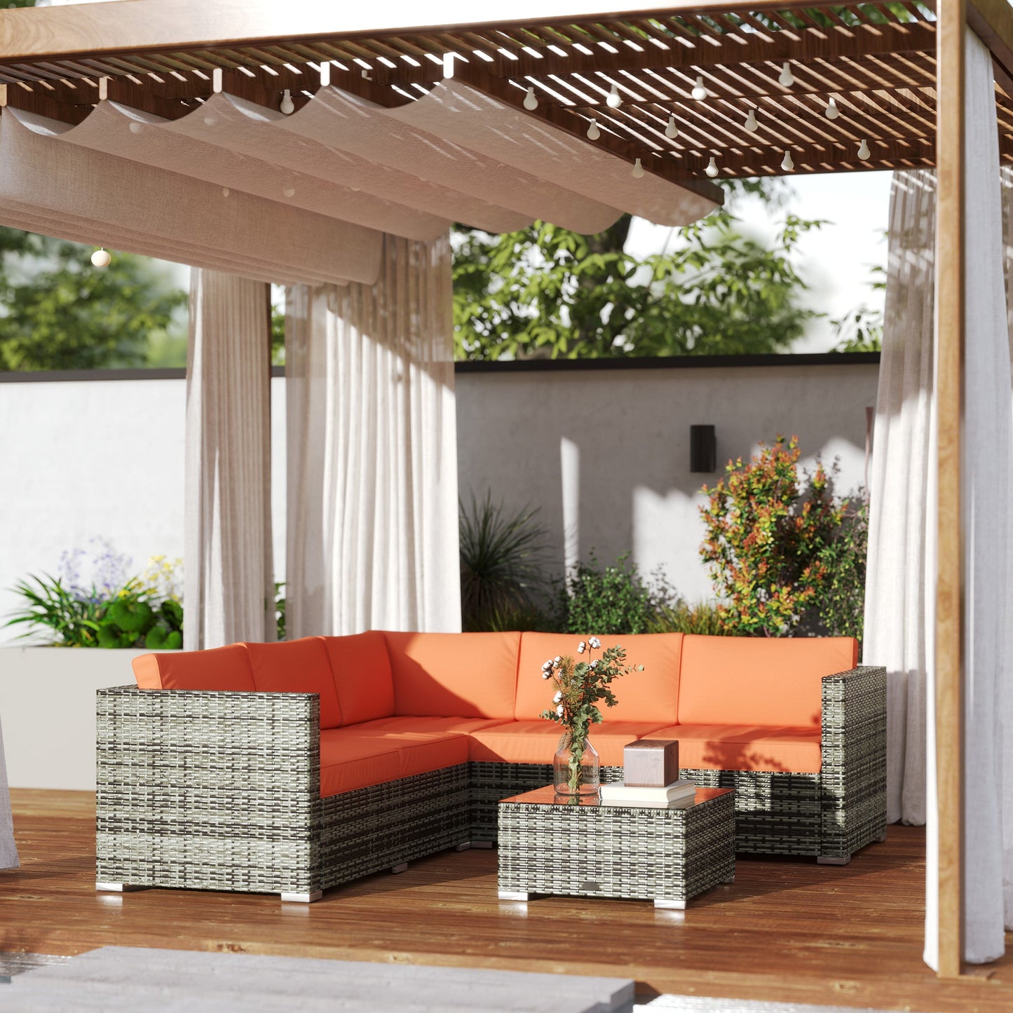 4 Pieces Rattan Garden Furniture Set, Wicker Outdoor Furniture Set with Corner Sofa Loveseat Coffee Table Cushions, Conservatory Furniture Set for Patio Balcony Poolside, Orange