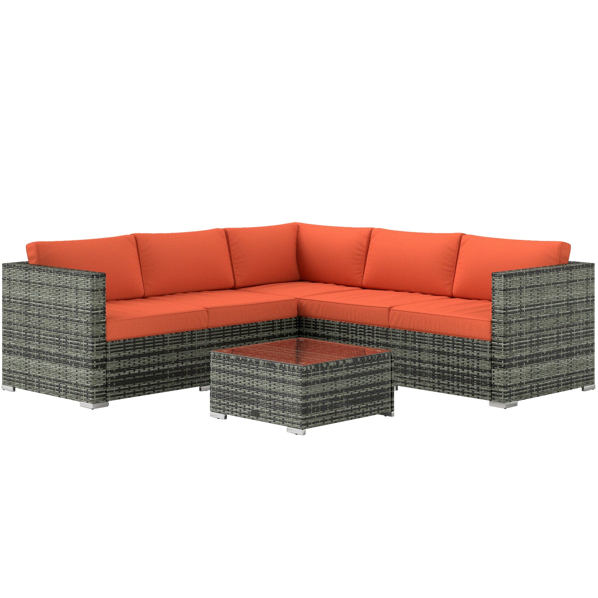 4 Pieces Rattan Garden Furniture Set, Wicker Outdoor Furniture Set with Corner Sofa Loveseat Coffee Table Cushions, Conservatory Furniture Set for Patio Balcony Poolside, Orange