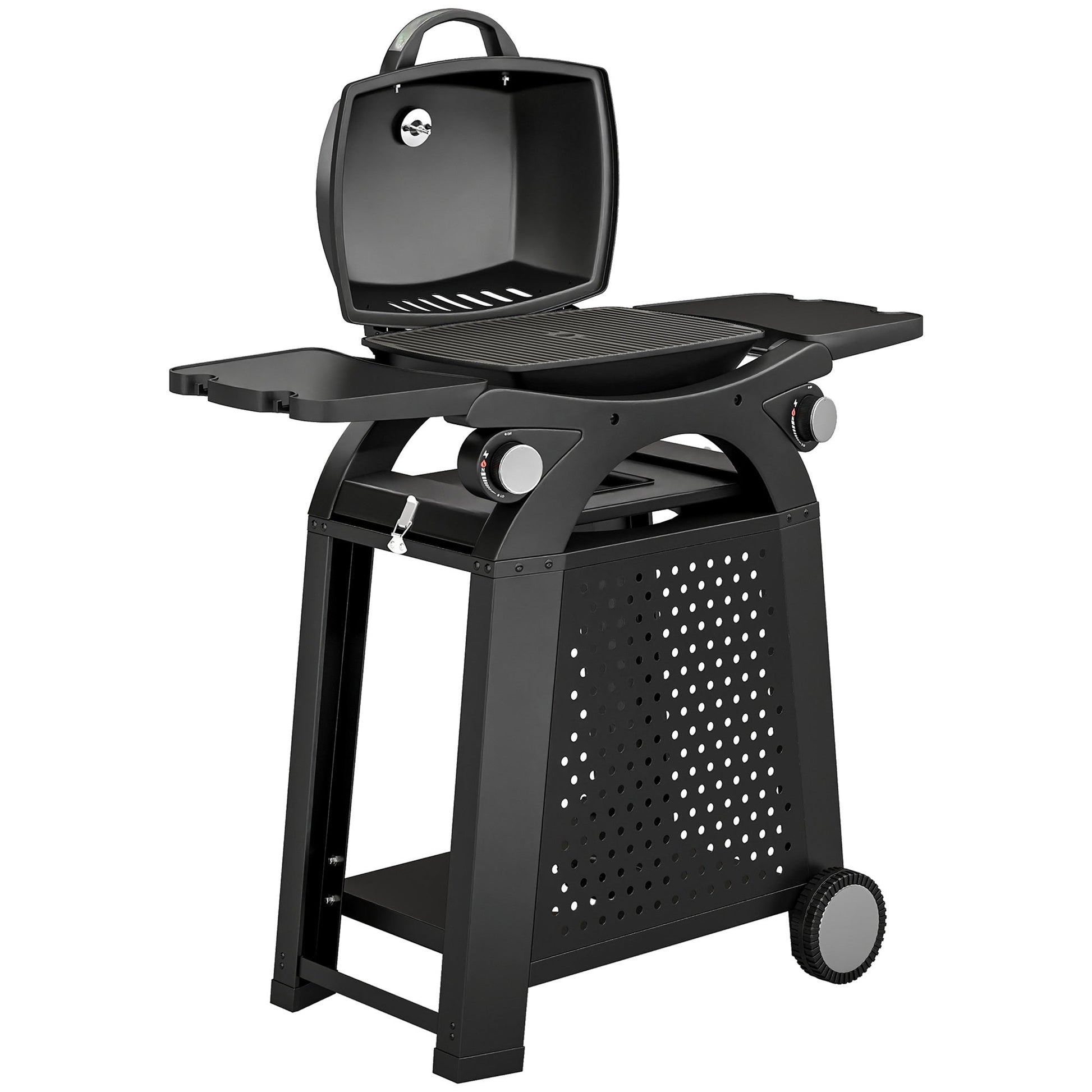 2 Burner Gas Grill with 2 Detachable Side Tables, 3.8 KW Steel Barbecue Grill with Cast Iron Grates, 2-in-1 Portable Tabletop BBQ with Wheels, Thermometer, Grease Tray, Hooks, Black