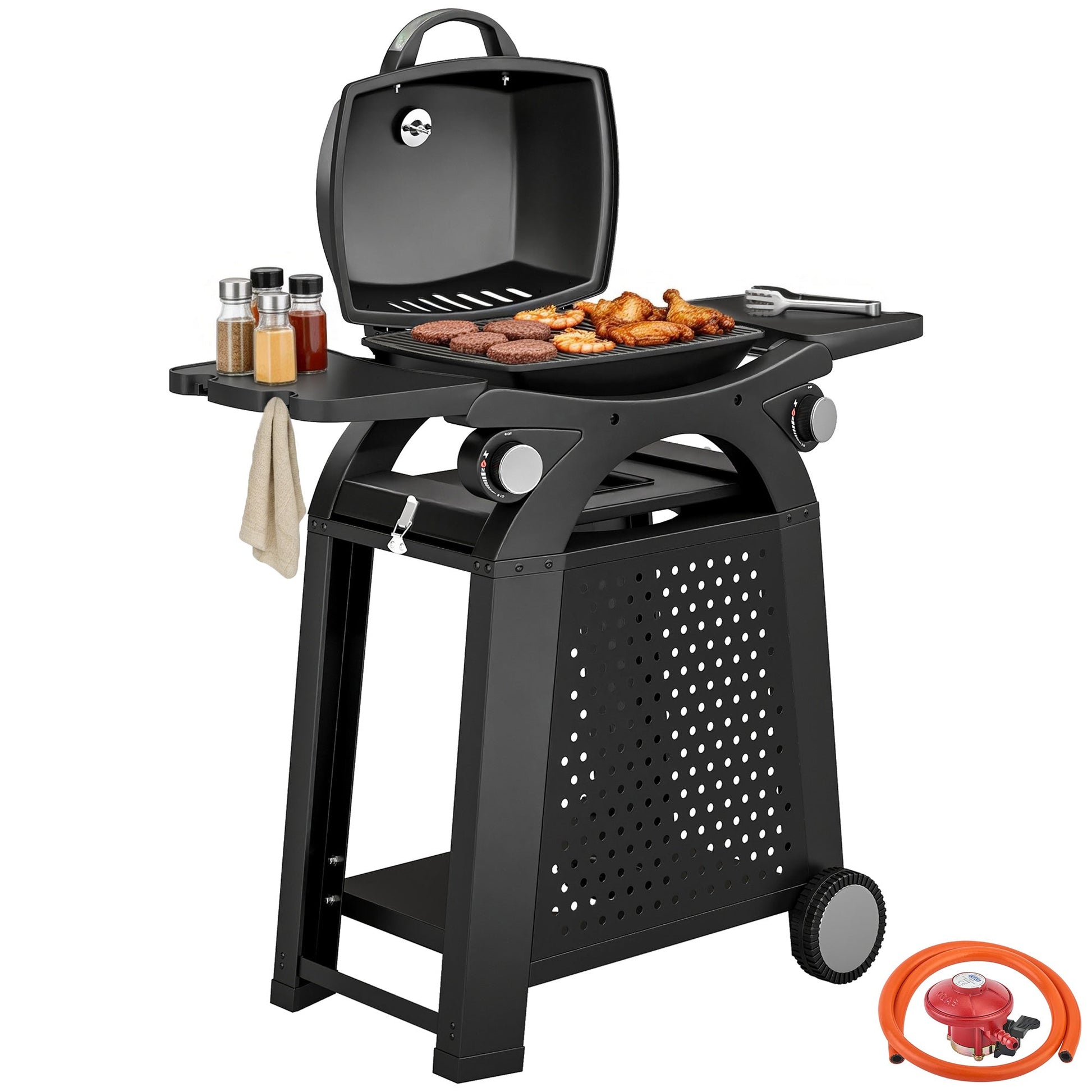 2 Burner Gas Grill with 2 Detachable Side Tables, 3.8 KW Steel Barbecue Grill with Cast Iron Grates, 2-in-1 Portable Tabletop BBQ with Wheels, Thermometer, Grease Tray, Hooks, Black