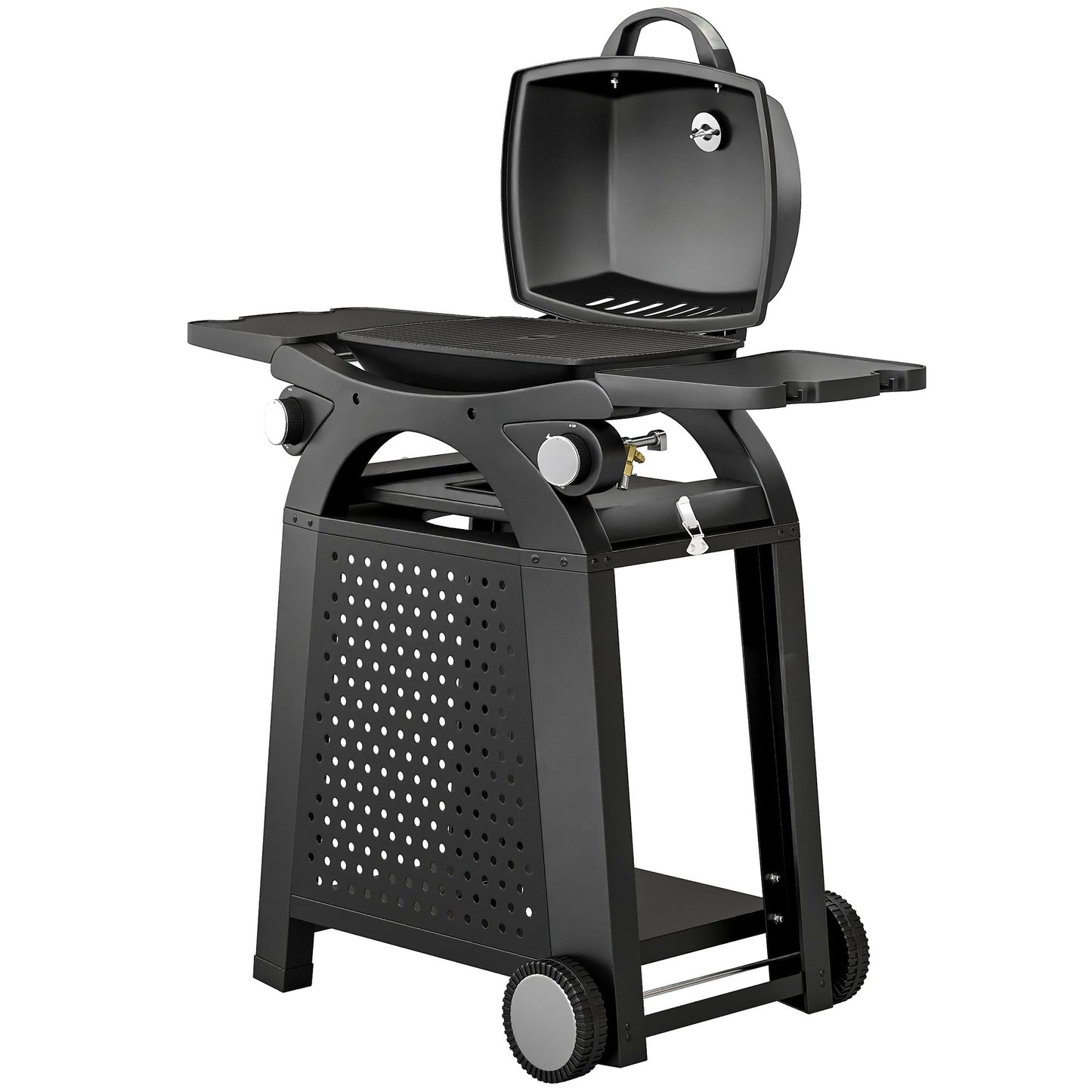 2 Burner Gas Grill with 2 Detachable Side Tables, 3.8 KW Steel Barbecue Grill with Cast Iron Grates, 2-in-1 Portable Tabletop BBQ with Wheels, Thermometer, Grease Tray, Hooks, Black