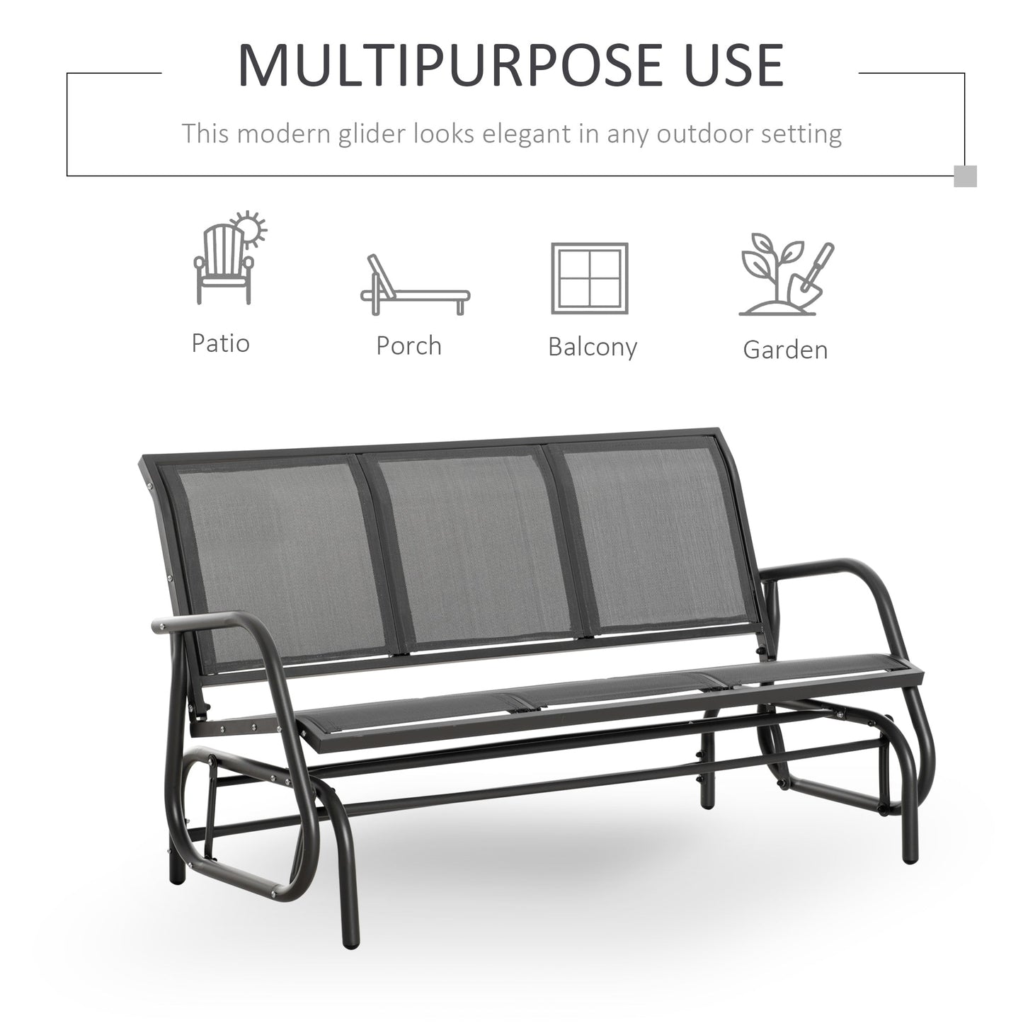 3-Seat Glider Rocking Chair for 3 People Garden Bench Patio Furniture Metal Frame, Grey