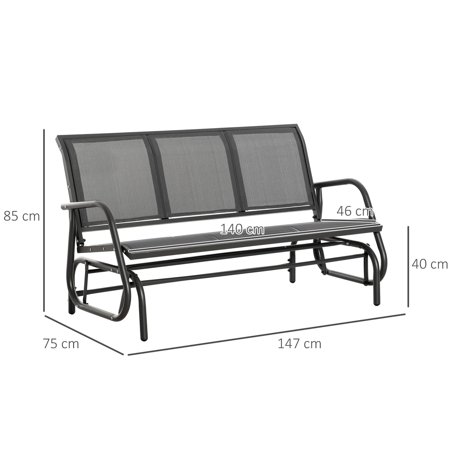 3-Seat Glider Rocking Chair for 3 People Garden Bench Patio Furniture Metal Frame, Grey
