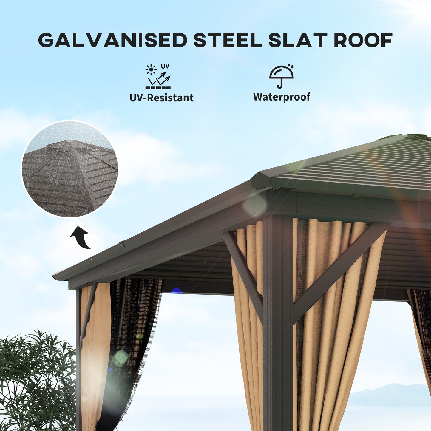 3 x 3 m Hardtop Gazebo with Netting and Curtains, Garden Gazebo Canopy Shelter with Metal Roof, Aluminium Frame, for Garden, Deck, Bronze Tone