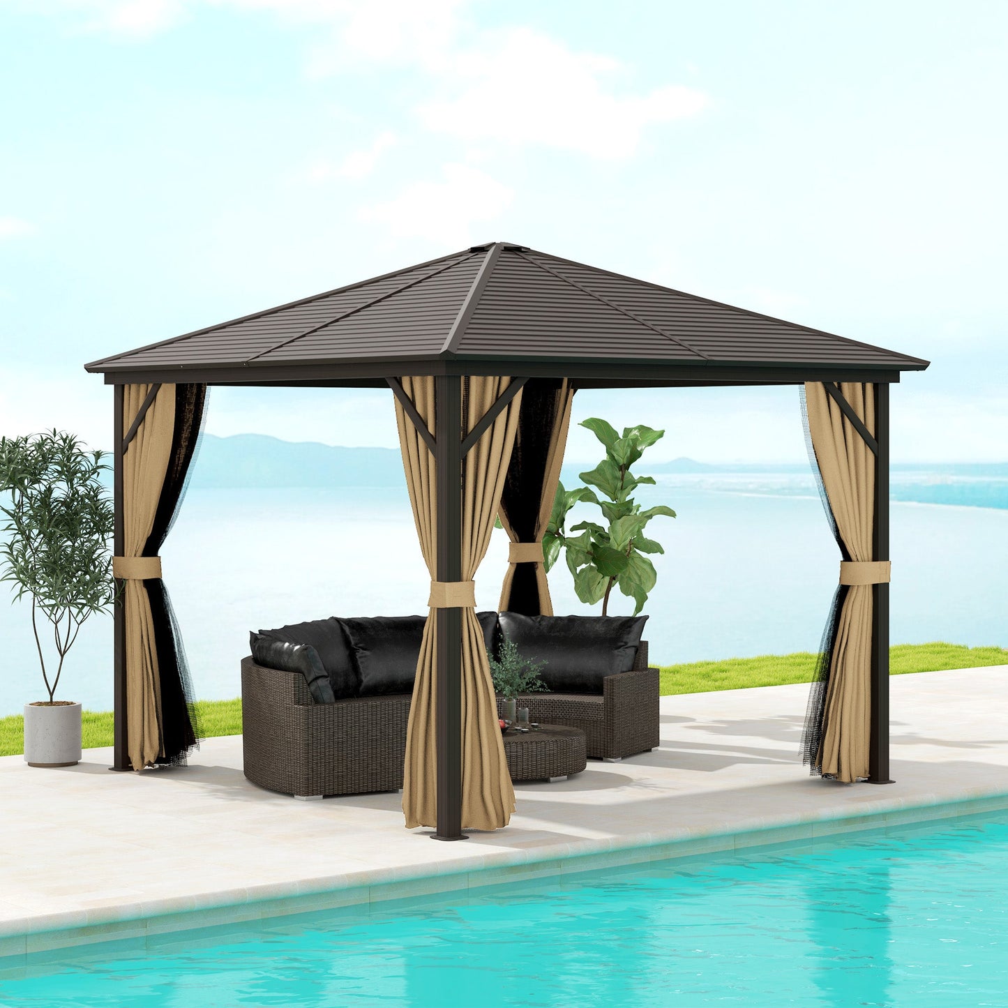 3 x 3 m Hardtop Gazebo with Netting and Curtains, Garden Gazebo Canopy Shelter with Metal Roof, Aluminium Frame, for Garden, Deck, Bronze Tone
