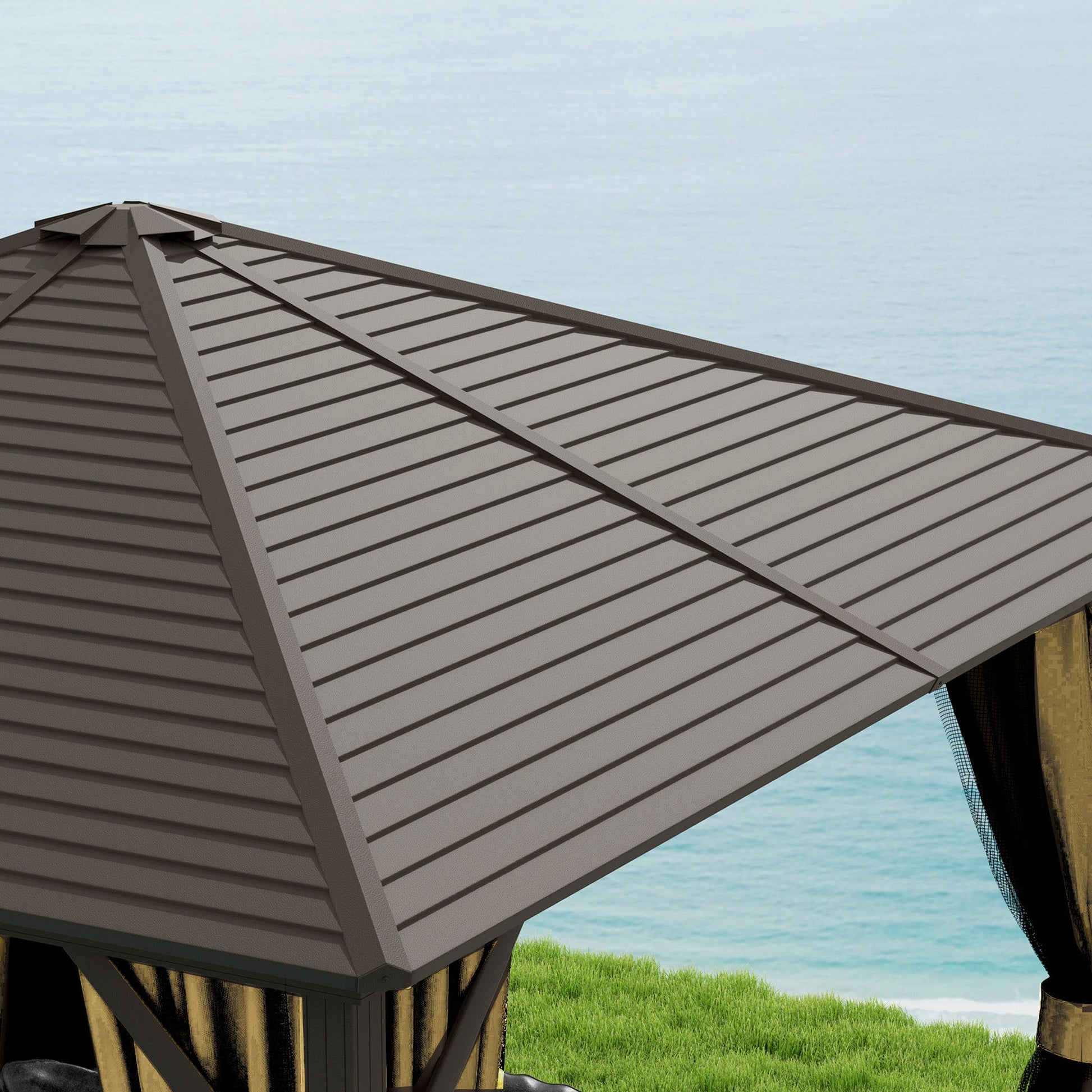3 x 3 m Hardtop Gazebo with Netting and Curtains, Garden Gazebo Canopy Shelter with Metal Roof, Aluminium Frame, for Garden, Deck, Bronze Tone