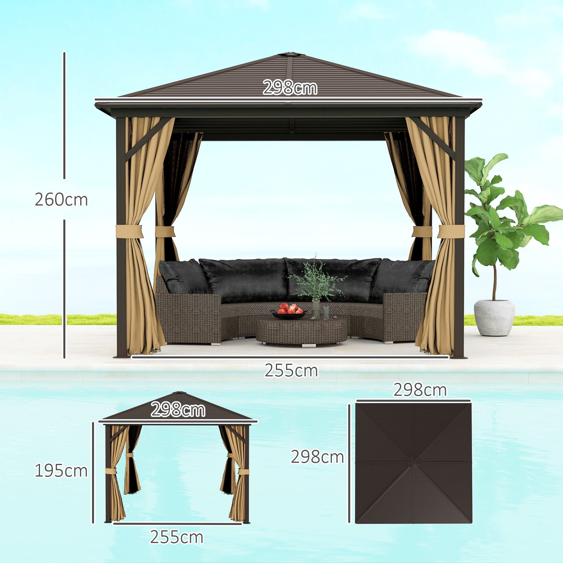 3 x 3 m Hardtop Gazebo with Netting and Curtains, Garden Gazebo Canopy Shelter with Metal Roof, Aluminium Frame, for Garden, Deck, Bronze Tone