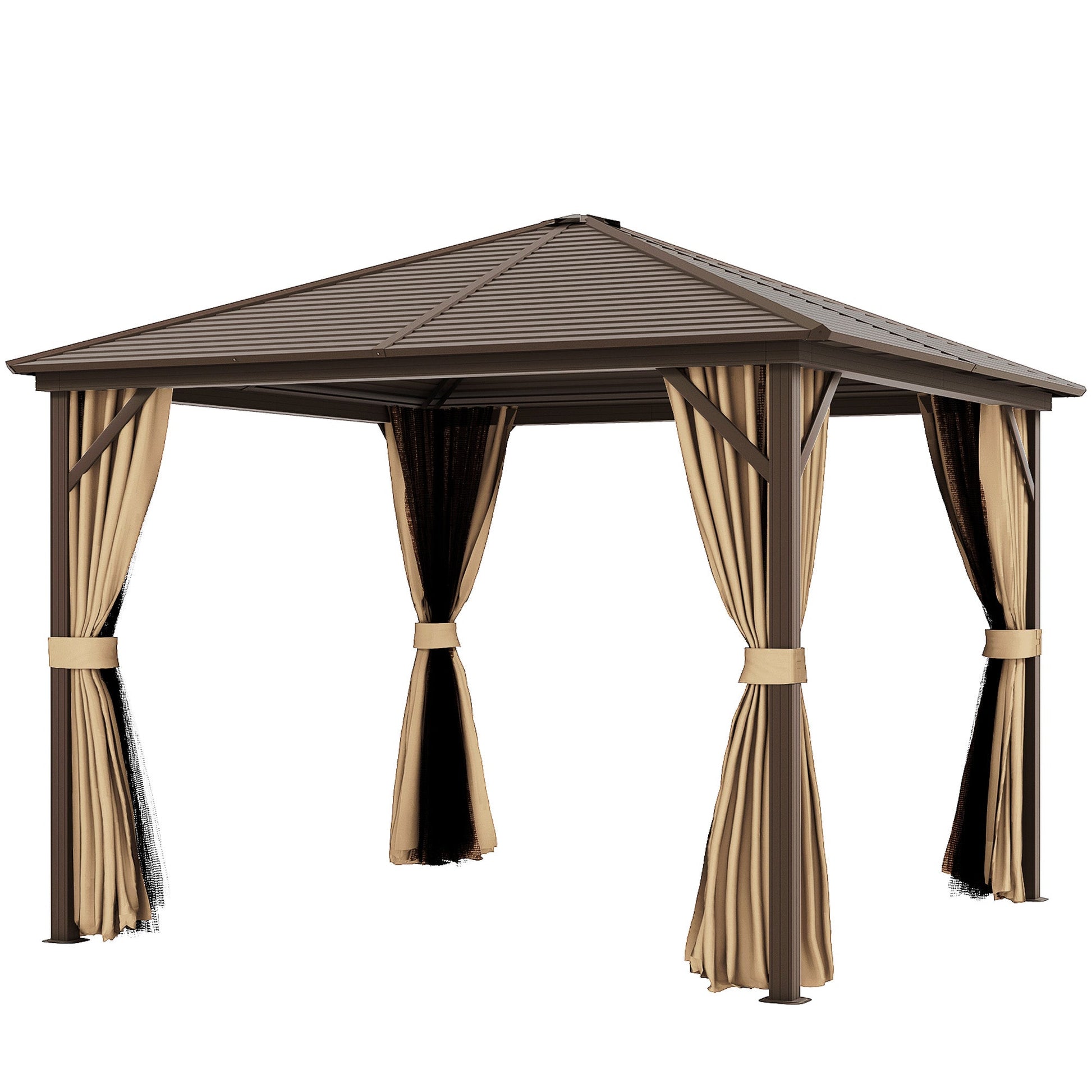 3 x 3 m Hardtop Gazebo with Netting and Curtains, Garden Gazebo Canopy Shelter with Metal Roof, Aluminium Frame, for Garden, Deck, Bronze Tone