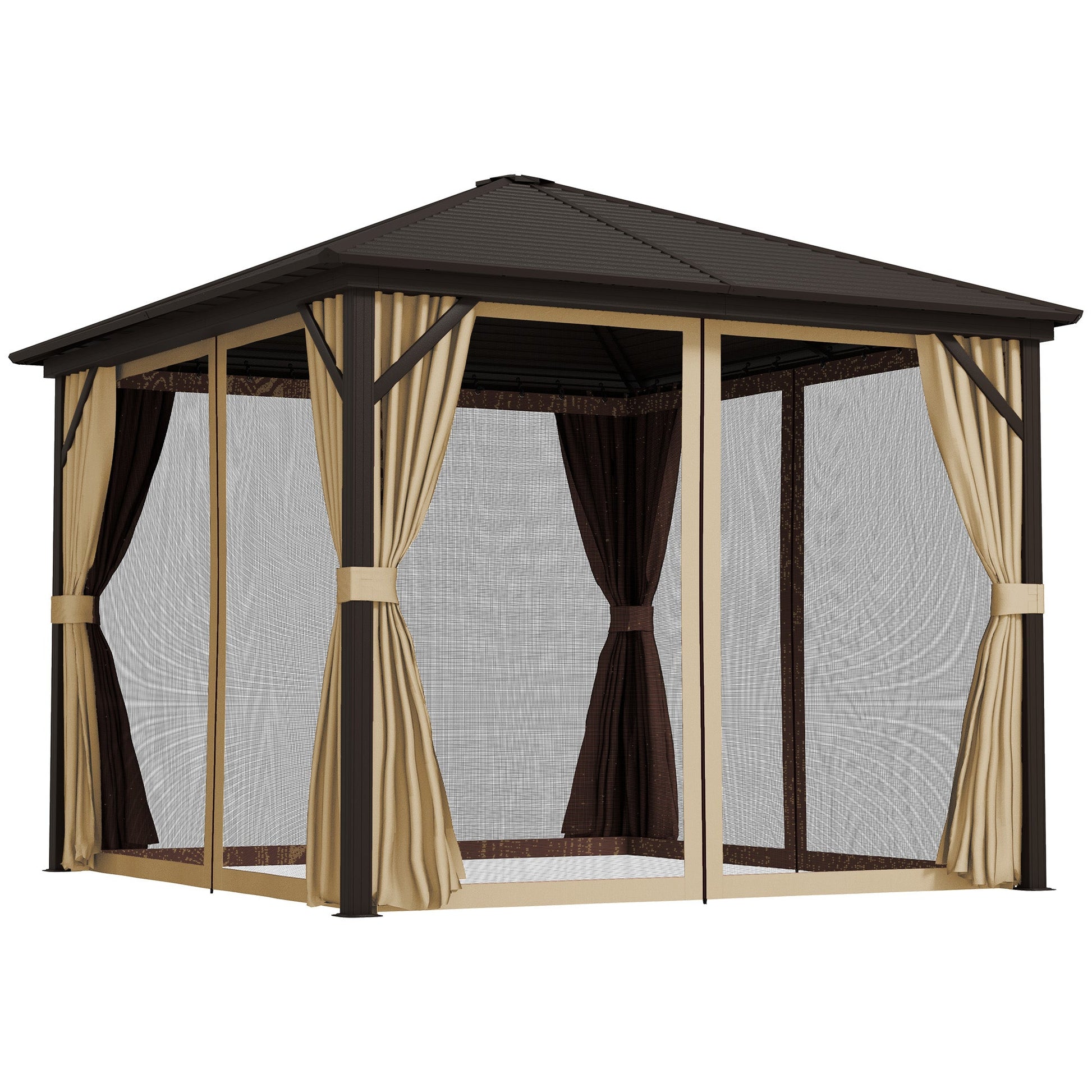 3 x 3 m Hardtop Gazebo with Netting and Curtains, Garden Gazebo Canopy Shelter with Metal Roof, Aluminium Frame, for Garden, Deck, Bronze Tone
