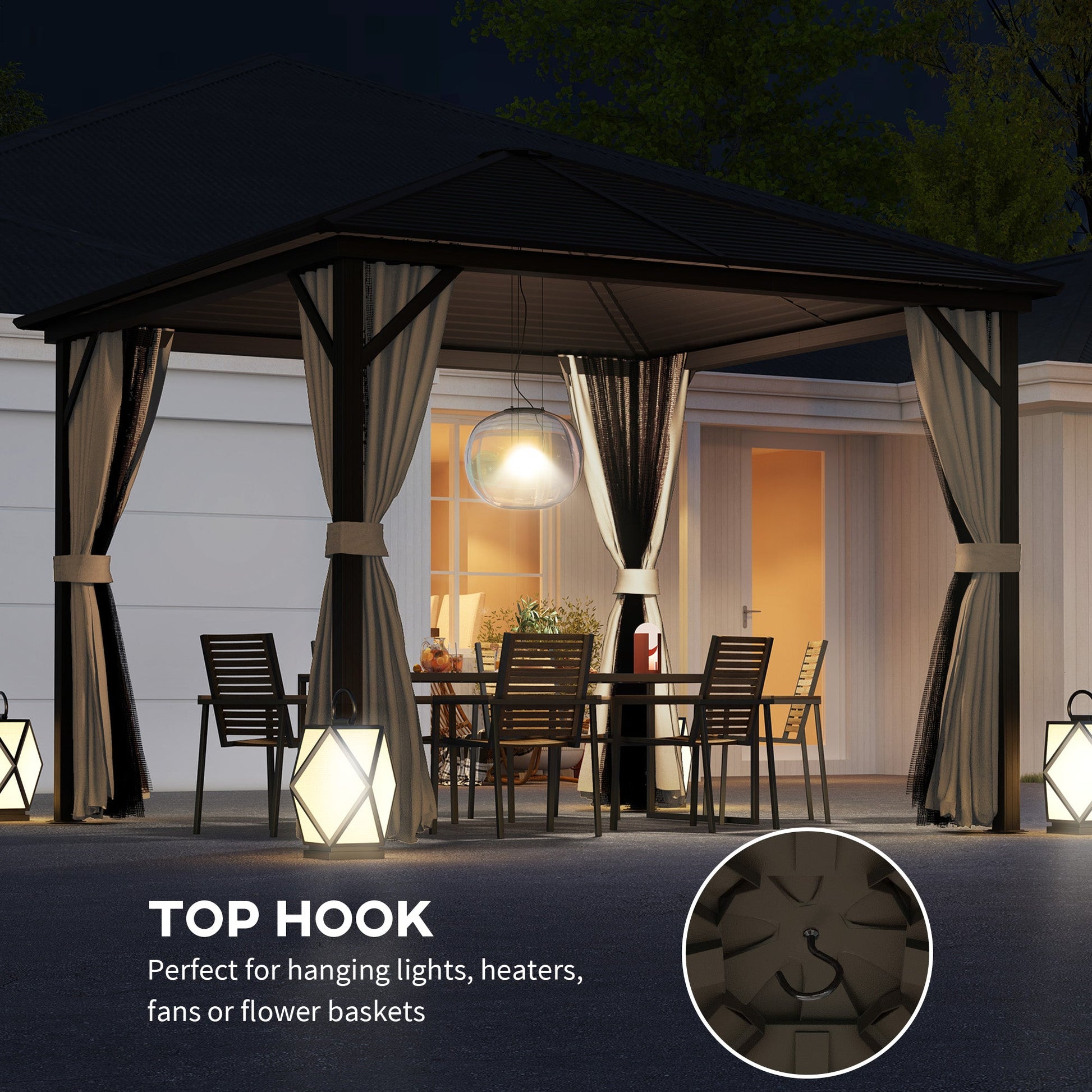 3 x 3 m Hardtop Gazebo with Netting and Curtains, Garden Gazebo Canopy Shelter with Metal Roof, Aluminium Frame, for Garden, Deck, Bronze Tone